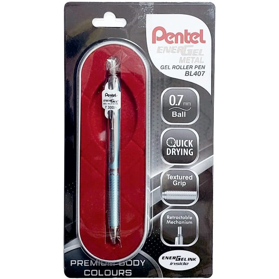Pentel EnerGel 0.7 MM Roller Gel Pen | Textured Grip With Retractable Mechanism | Classic Design With Silver Metal Body | 1 Pc Blister Pack | Silver Body Blue Ink (BL407Z)