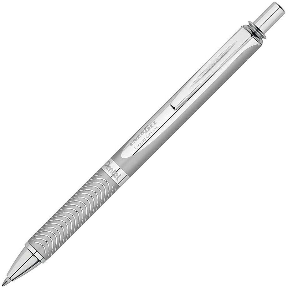Pentel EnerGel 0.7 MM Roller Gel Pen | Textured Grip With Retractable Mechanism | Classic Design With Silver Metal Body | 1 Pc Blister Pack | Silver Body Blue Ink (BL407Z)