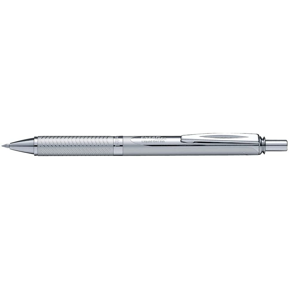 Pentel EnerGel 0.7 MM Roller Gel Pen | Textured Grip With Retractable Mechanism | Classic Design With Silver Metal Body | 1 Pc Blister Pack | Silver Body Blue Ink (BL407Z)