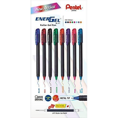 Pentel Energel 0.7 Mm Roller Gel Pen|Quick Dry Ink For Smudge-Free Writing|Lightweight Gel Pen For Smooth Writing Experience|Set Of 8 Shades (Bl417)|Multicolor