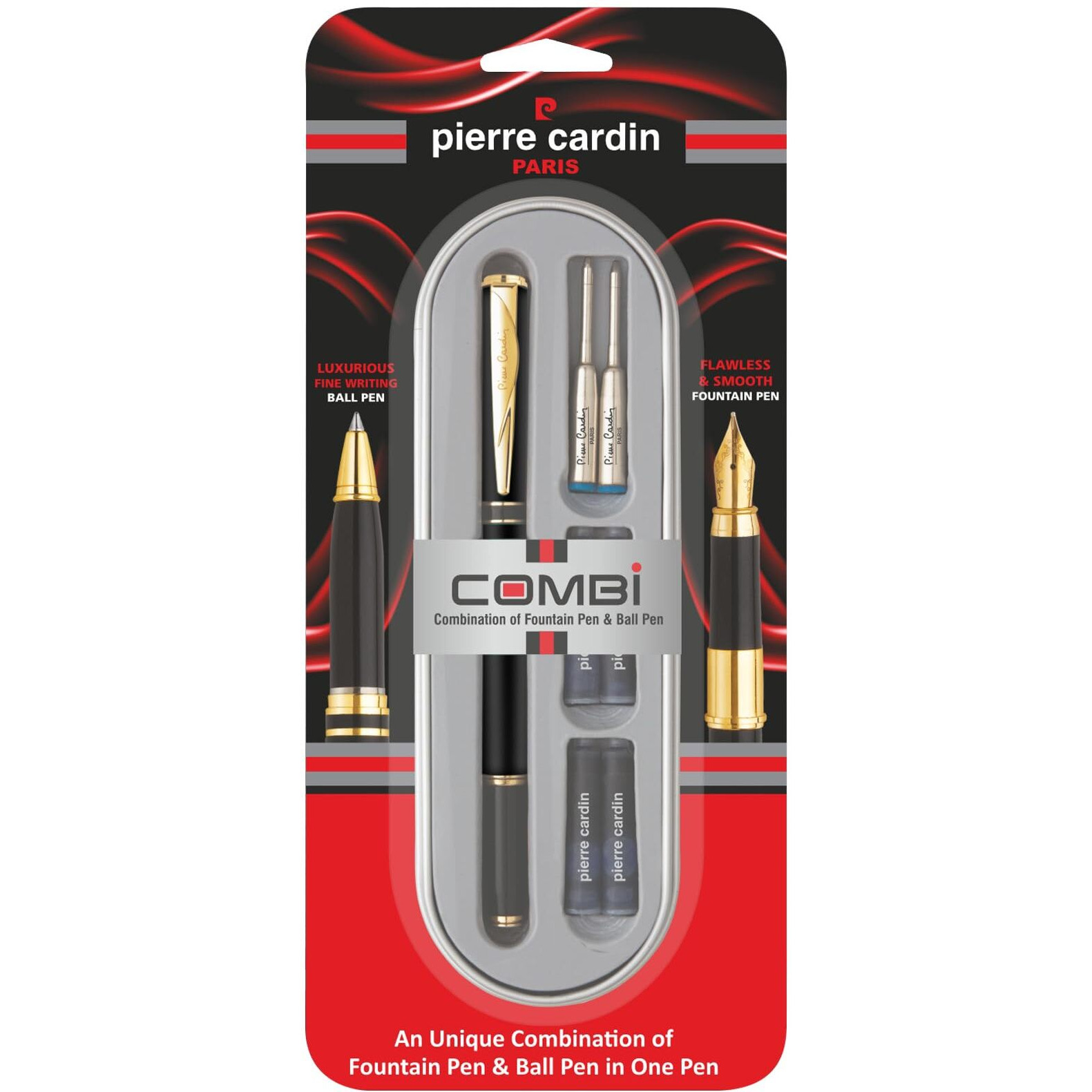 Pierre Cardin Premium Combi Pen | Combination of Ball Pen & Fountain Pen | Luxurious Fine Writing Ball Pen, Flawless & Smooth Fountain Pen | 2 x Mini Jumbo Refill & 4 x Cartridges Included | Pack Of 1