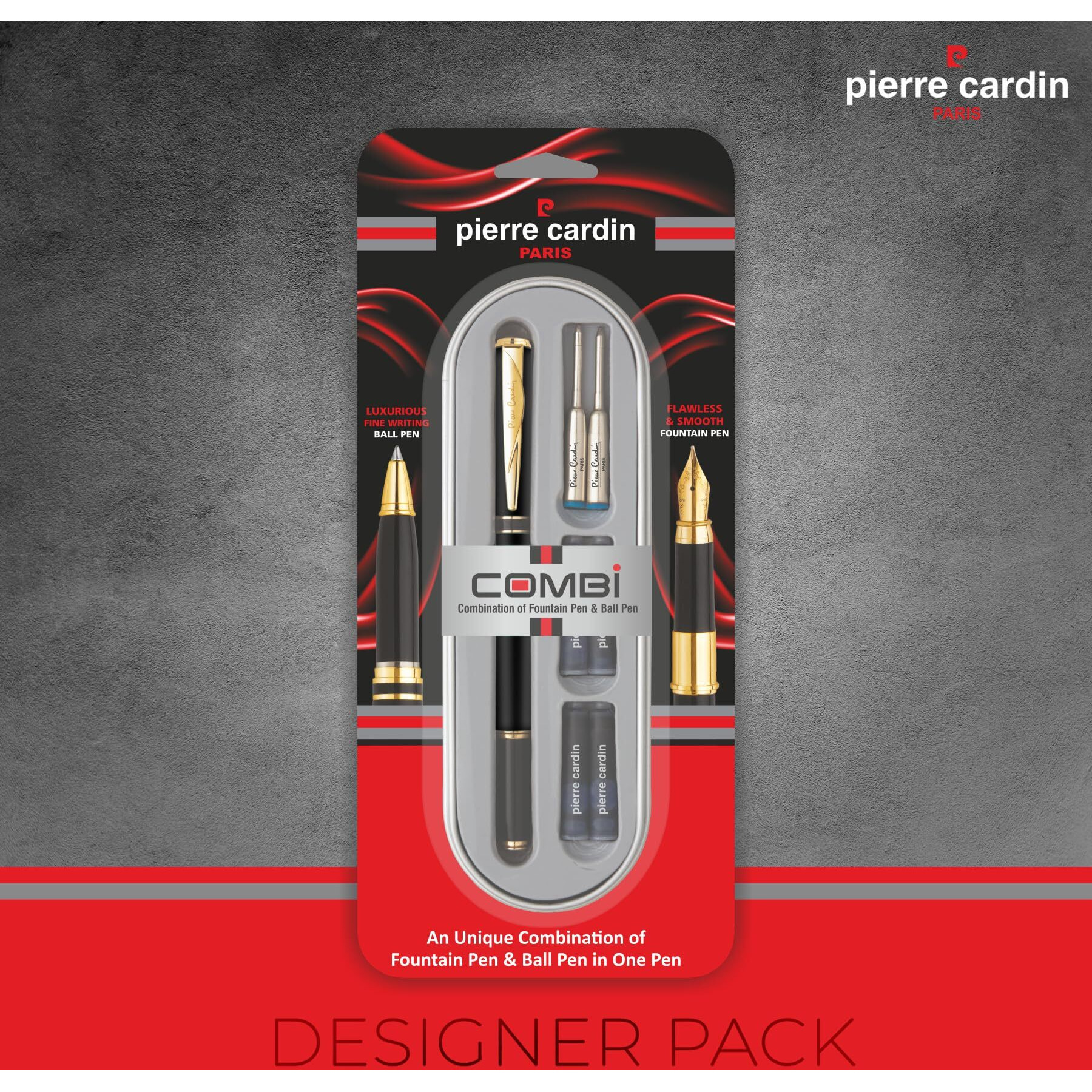 Pierre Cardin Premium Combi Pen | Combination of Ball Pen & Fountain Pen | Luxurious Fine Writing Ball Pen, Flawless & Smooth Fountain Pen | 2 x Mini Jumbo Refill & 4 x Cartridges Included | Pack Of 1