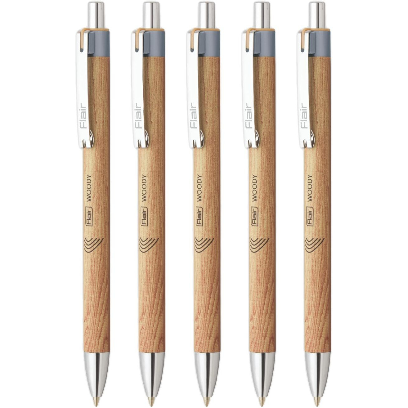 Flair Woody Cliq 0.7mm Retractable Ball Pen | Elegant Pockatable Clip with Attractive Wooden Texture Body | Lightweight and Long-Lasting Ball Pen | Black Ink, Pack of 5