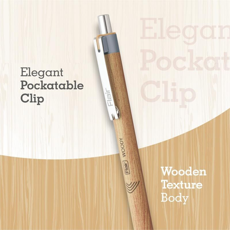 Flair Woody Cliq 0.7mm Retractable Ball Pen | Elegant Pockatable Clip with Attractive Wooden Texture Body | Lightweight and Long-Lasting Ball Pen | Black Ink, Pack of 5