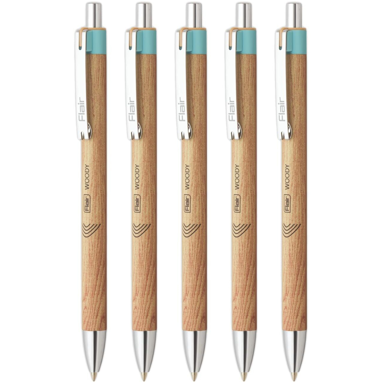 Flair Woody Cliq 0.7mm Retractable Ball Pen | Elegant Pockatable Clip with Attractive Wooden Texture Body | Lightweight and Long-Lasting Ball Pen | Blue Ink, Pack of 5