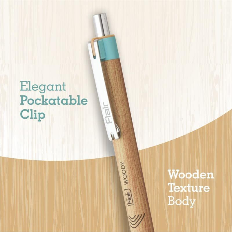 Flair Woody Cliq 0.7mm Retractable Ball Pen | Elegant Pockatable Clip with Attractive Wooden Texture Body | Lightweight and Long-Lasting Ball Pen | Blue Ink, Pack of 5