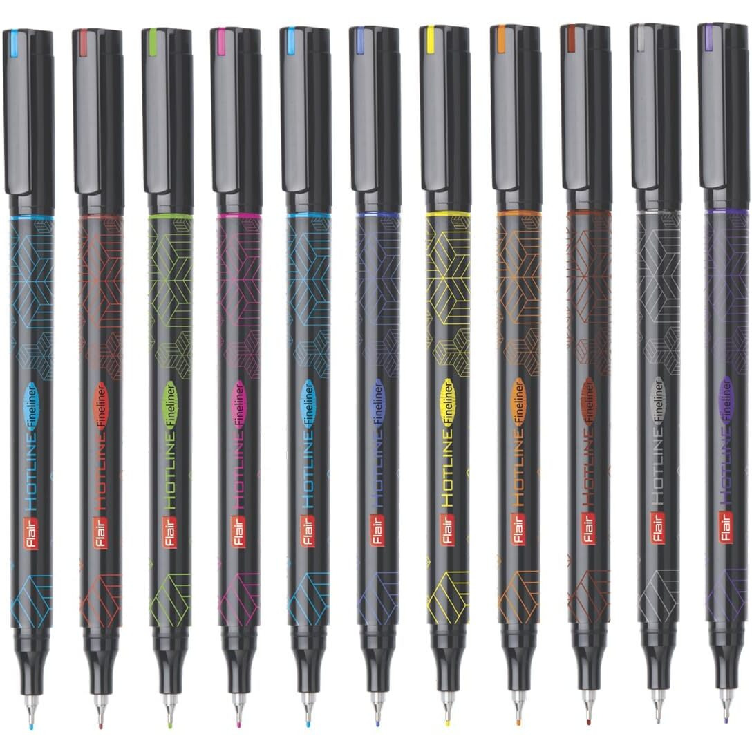 FLAIR Hotline DX Fineliner Pen Pack | Light Weight Body With Metal Clip | 10 Vivid Ink Colours | Ideal For Mandala, Sketching, Doodling, Journal & Outline | Multicolor, Set of 10 Shades