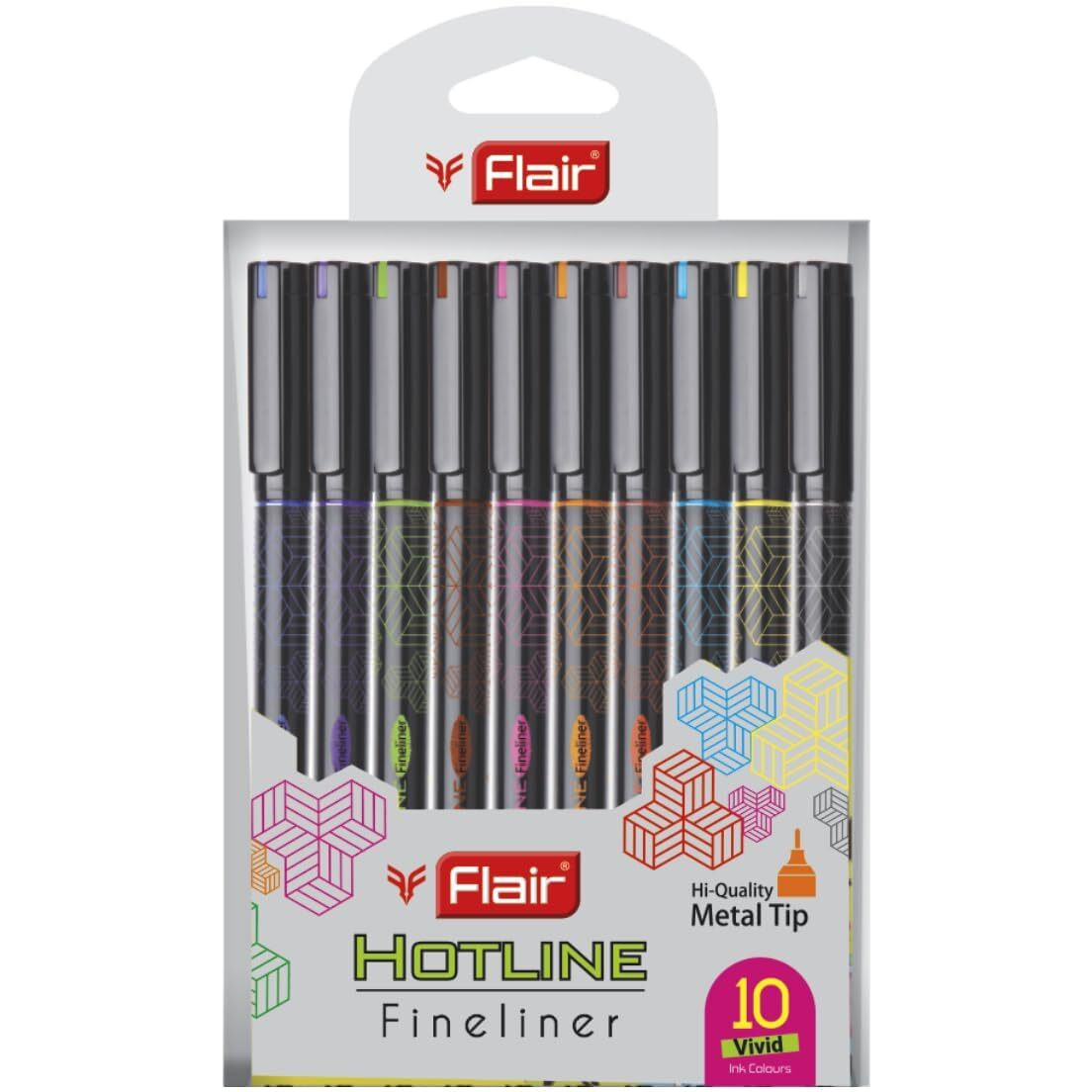 FLAIR Hotline DX Fineliner Pen Pack | Light Weight Body With Metal Clip | 10 Vivid Ink Colours | Ideal For Mandala, Sketching, Doodling, Journal & Outline | Multicolor, Set of 10 Shades