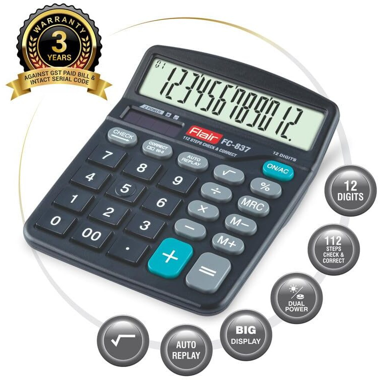 Flair FC-837 Desktop Series Calculator | 12 Digits Calculator | Dual Power with Solar | Auto Replay with Big Display | Square Root Function | Ideal for School, College & Office | Black, Pack of 1