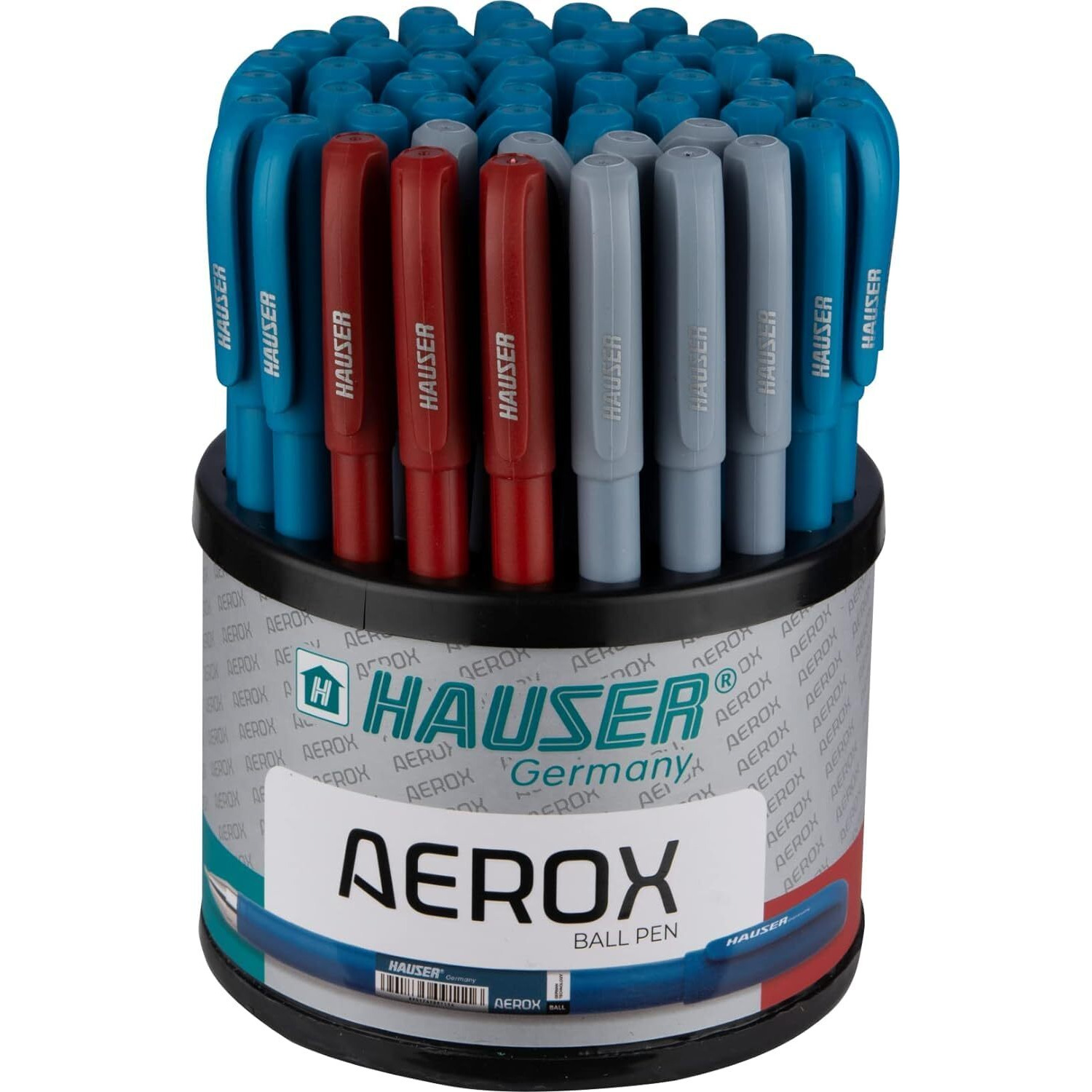 Hauser Aerox Ball Pen Stand | 0.6 mm Tip Size | Sturdy Refillable Ball Pen | Low-Viscosity Ink For Smudge Free Writing | Light Weight Ball Pen | Blue, Black & Red Ink, Set Of 50 Ball Pen