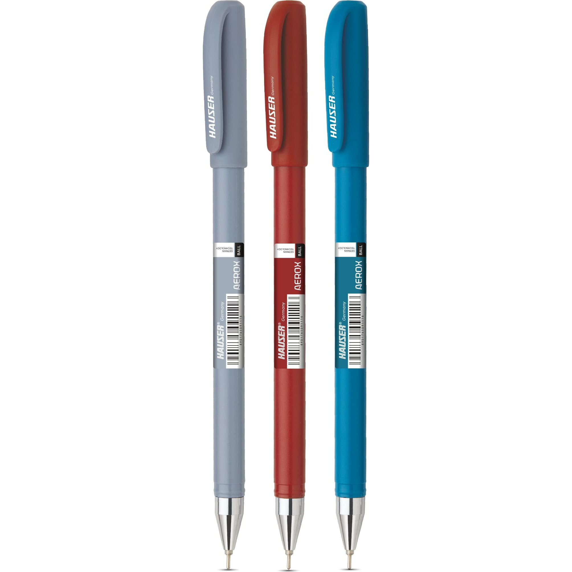 Hauser Aerox Ball Pen Stand | 0.6 mm Tip Size | Sturdy Refillable Ball Pen | Low-Viscosity Ink For Smudge Free Writing | Light Weight Ball Pen | Blue, Black & Red Ink, Set Of 50 Ball Pen
