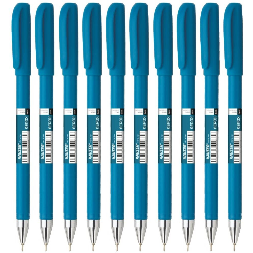 Hauser Aerox 0.6mm Ball Pen Wallet Pack | Shiny Finish & Lightweight Body | Low-Viscosity Ink For Smudge Free Writing | Refillable | Blue Ink, Pack of 10 Pens