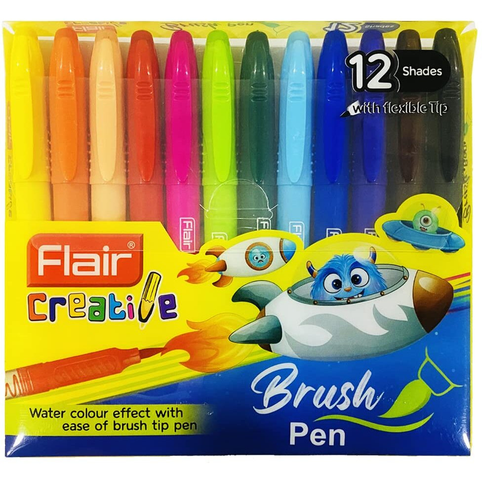 FLAIR Creative Brush Pen With Flexible Tip | Watecolour Effect & Smudge Free Writing | Non-Toxic & Safe For Childrens | A Great Tool For Lettering & Calligraphy | 12 Bright Shades