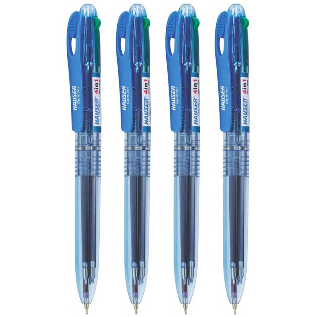 Hauser 4 in 1 Retractable Ball Pen Box | Durable Transparent Body | 4 Ink Colors In One Pen | Low Viscosity Ink System | Smooth & Effortless Writing | Of 4