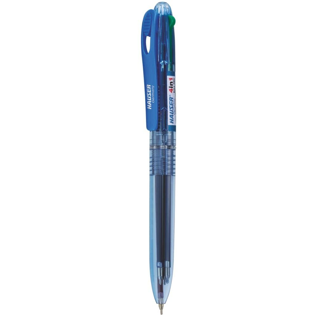 Hauser 4 in 1 Retractable Ball Pen Box | Durable Transparent Body | 4 Ink Colors In One Pen | Low Viscosity Ink System | Smooth & Effortless Writing | Of 4