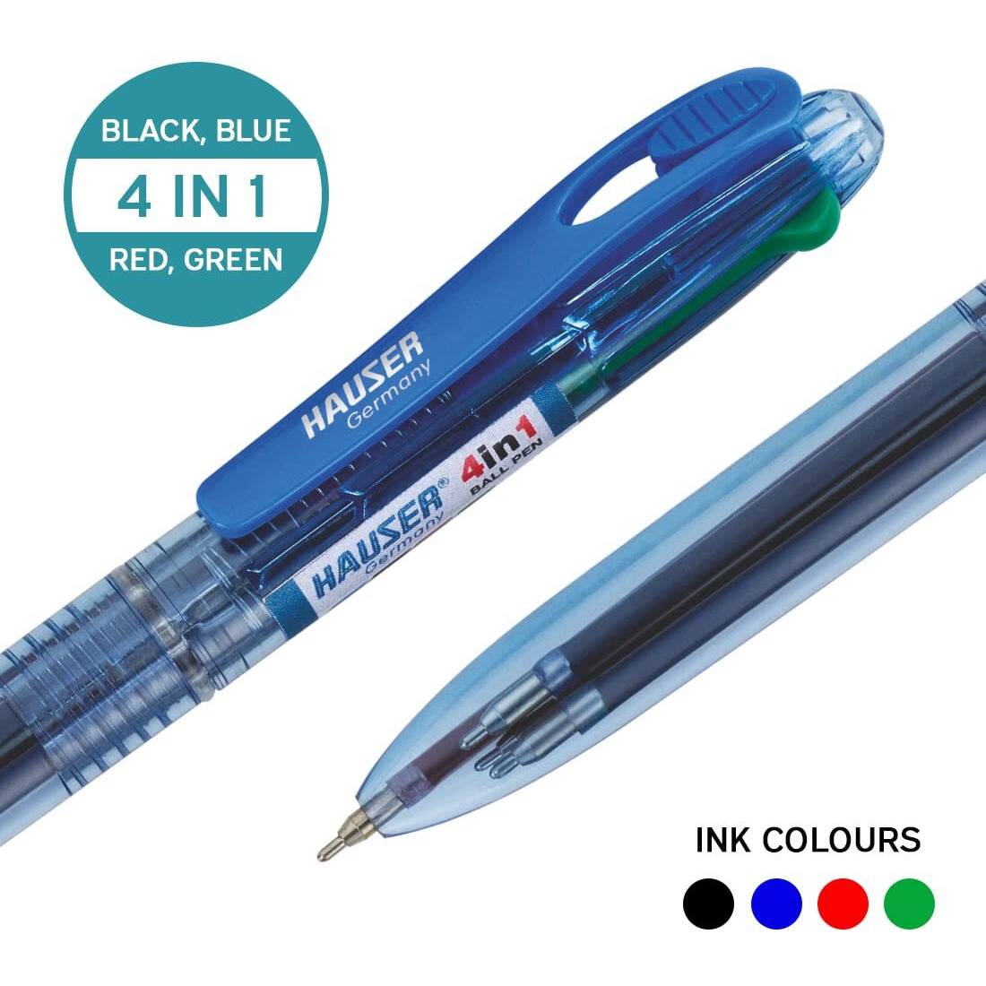 Hauser 4 in 1 Retractable Ball Pen Box | Durable Transparent Body | 4 Ink Colors In One Pen | Low Viscosity Ink System | Smooth & Effortless Writing | Of 4