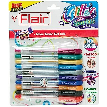 FLAIR Glitter Sparkle 1.0mm Gel Pen Blister Pack | Smooth & Perfect Writing Experience | Non-Toxic Fluid Gel Ink | Beautiful Transparent Body With Sparkles | Set of 10 Different Ink Colors