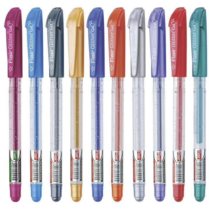 FLAIR Glitter Sparkle 1.0mm Gel Pen Blister Pack | Smooth & Perfect Writing Experience | Non-Toxic Fluid Gel Ink | Beautiful Transparent Body With Sparkles | Set of 10 Different Ink Colors