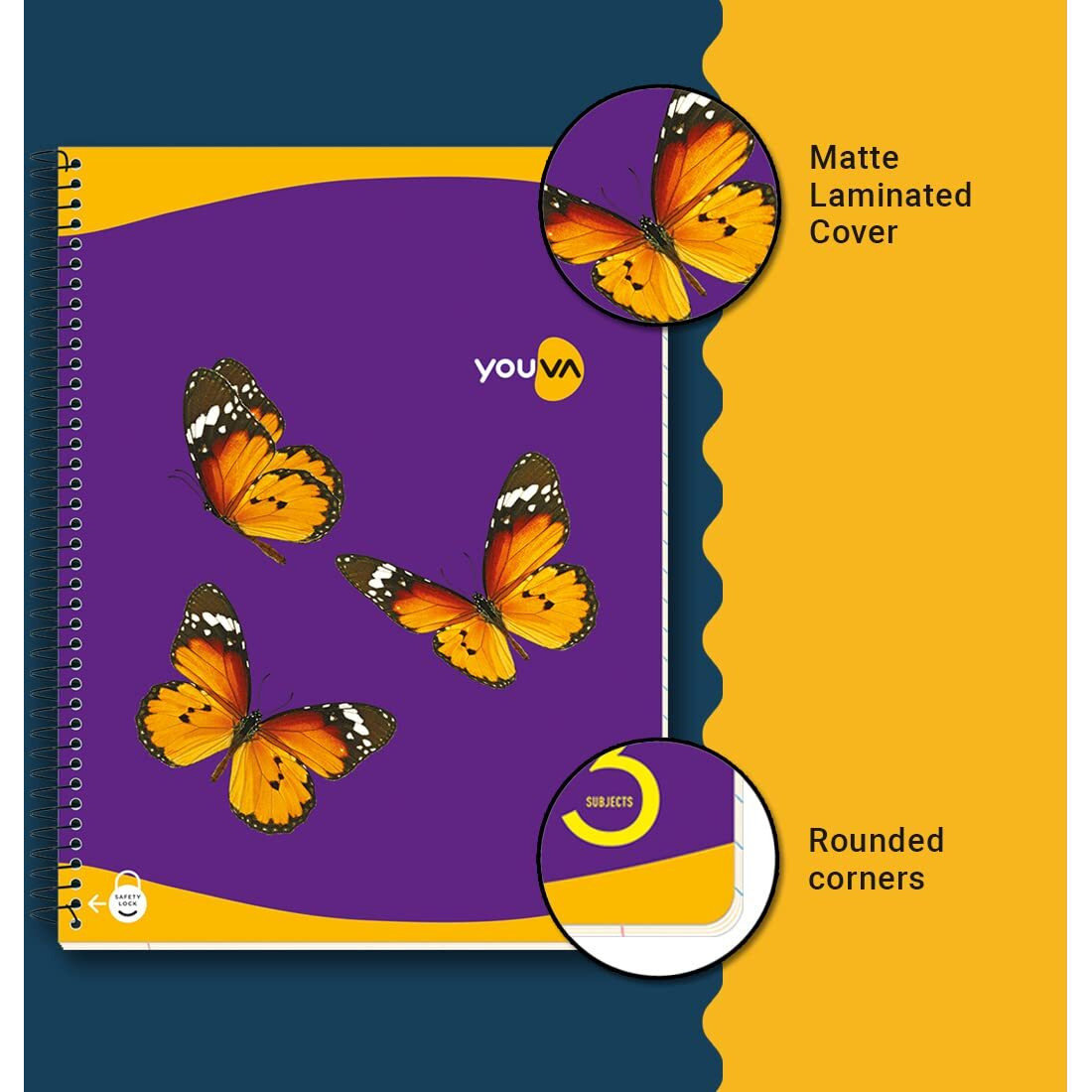 Navneet Youva | 3 Subject Book for Students and Executives | Spiral Bound with safety Lock | Regular Size 20.3 cm x 26.7 cm | Single Line | 150 Pages | Pack of 2