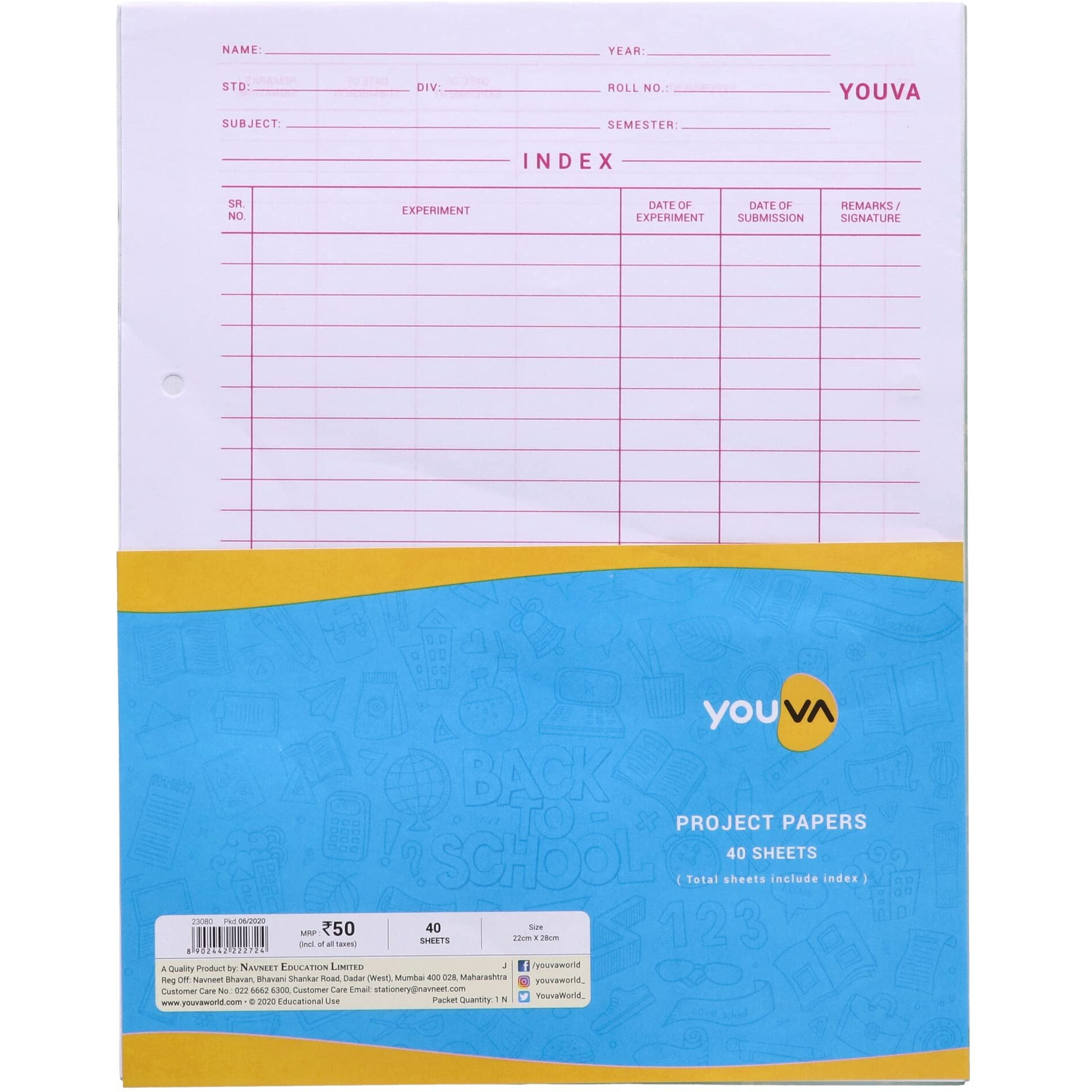 Navneet Youva YOUVA Project Paper For Project/Assignment/Practical/Homework | 22 Cm X 28 Cm | 1 Side Ruled / 1 Side Plain | 40 Sheets| Pack Of 4