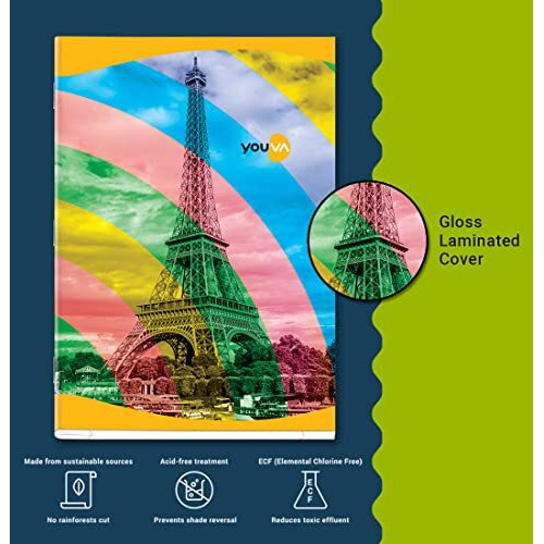 Navneet Youva YOUVA Soft Bound Long Book | A4 Size - 21 Cm X 29.7 Cm | Rainbow Design Notebook For Students | Single Line | 172 Pages | Pack Of 6