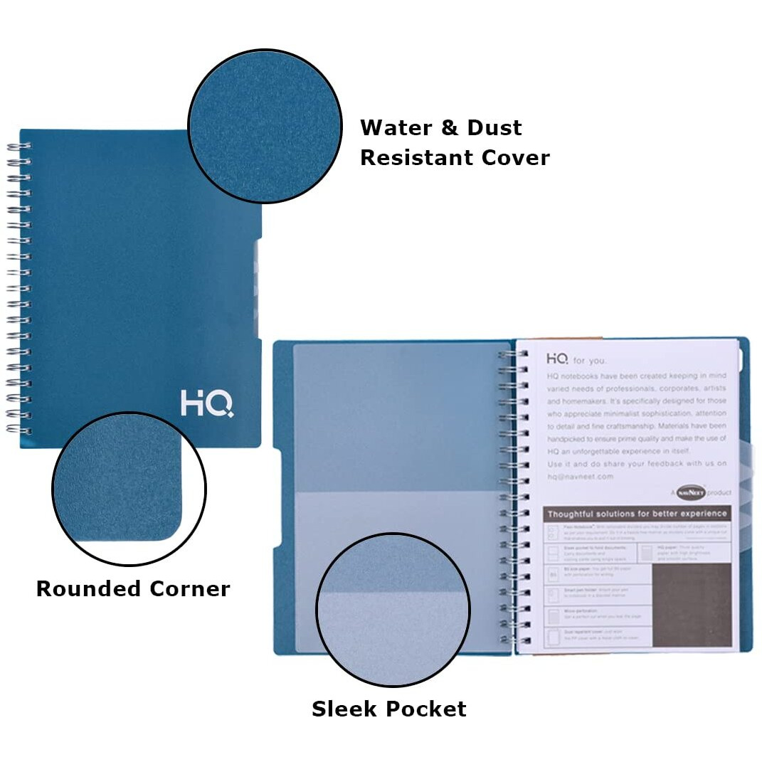 Navneet HQ | Five Subject Spiral Wiro Binding Office Notebook for Personal and Office Use | B5 Size - 25 cm x 17 cm | Blue | 300 Pages