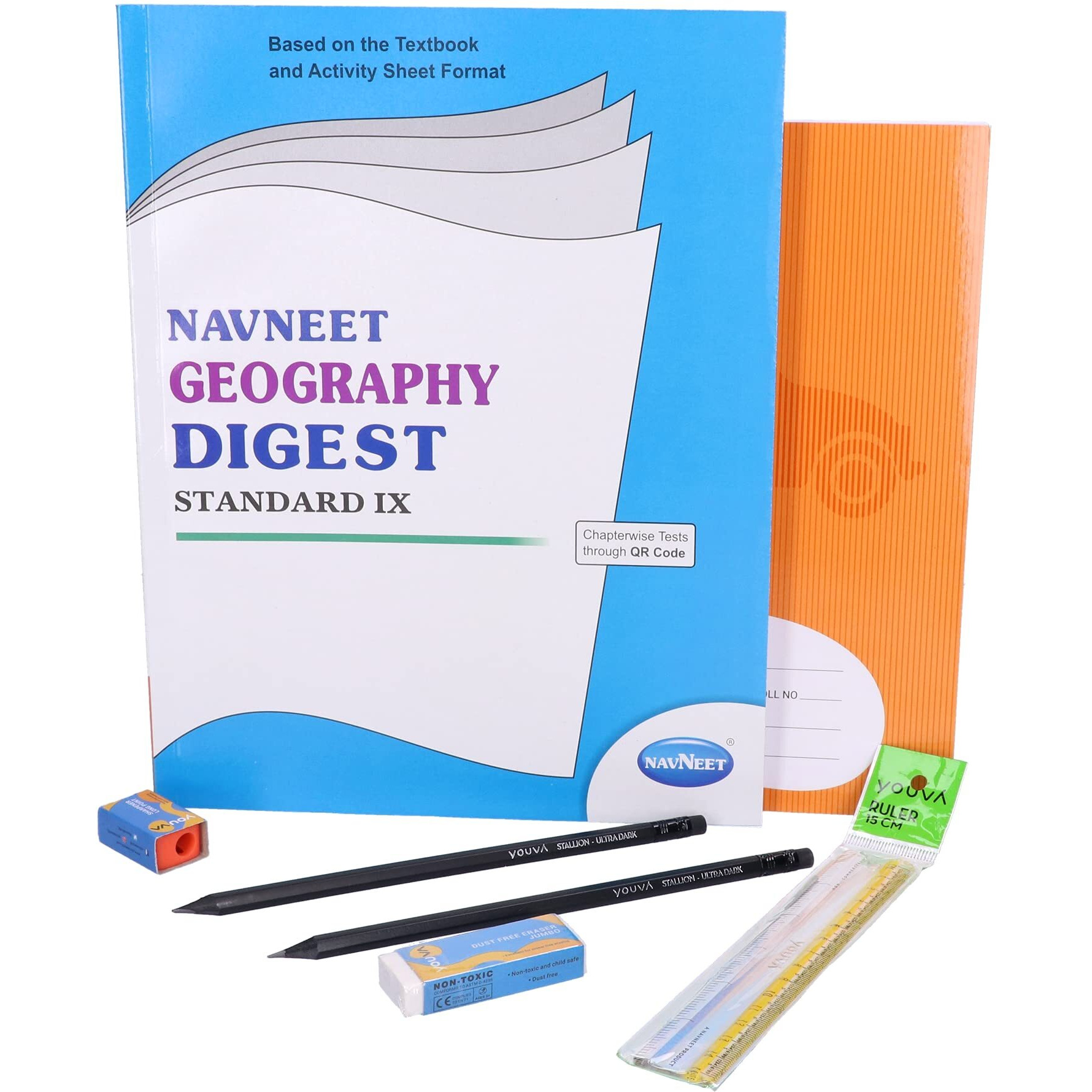 Navneet Youva Happiness Combo Geography Study Kit 1 (1 Digest + 1 Notebook + 2 Pencils + 1 Sharpener + 1 Eraser + Scale), Multi Colour (23893)