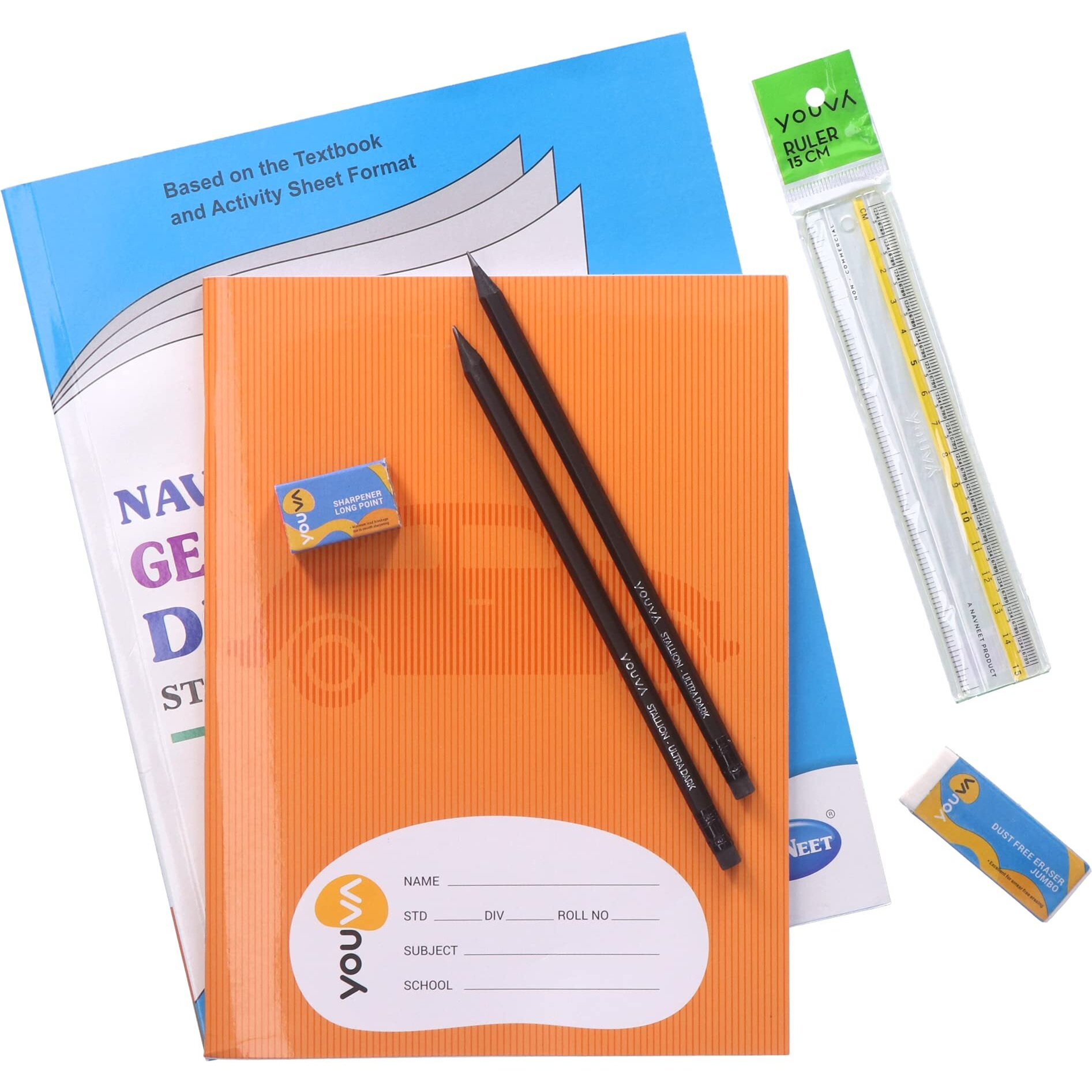 Navneet Youva Happiness Combo Geography Study Kit 1 (1 Digest + 1 Notebook + 2 Pencils + 1 Sharpener + 1 Eraser + Scale), Multi Colour (23893)