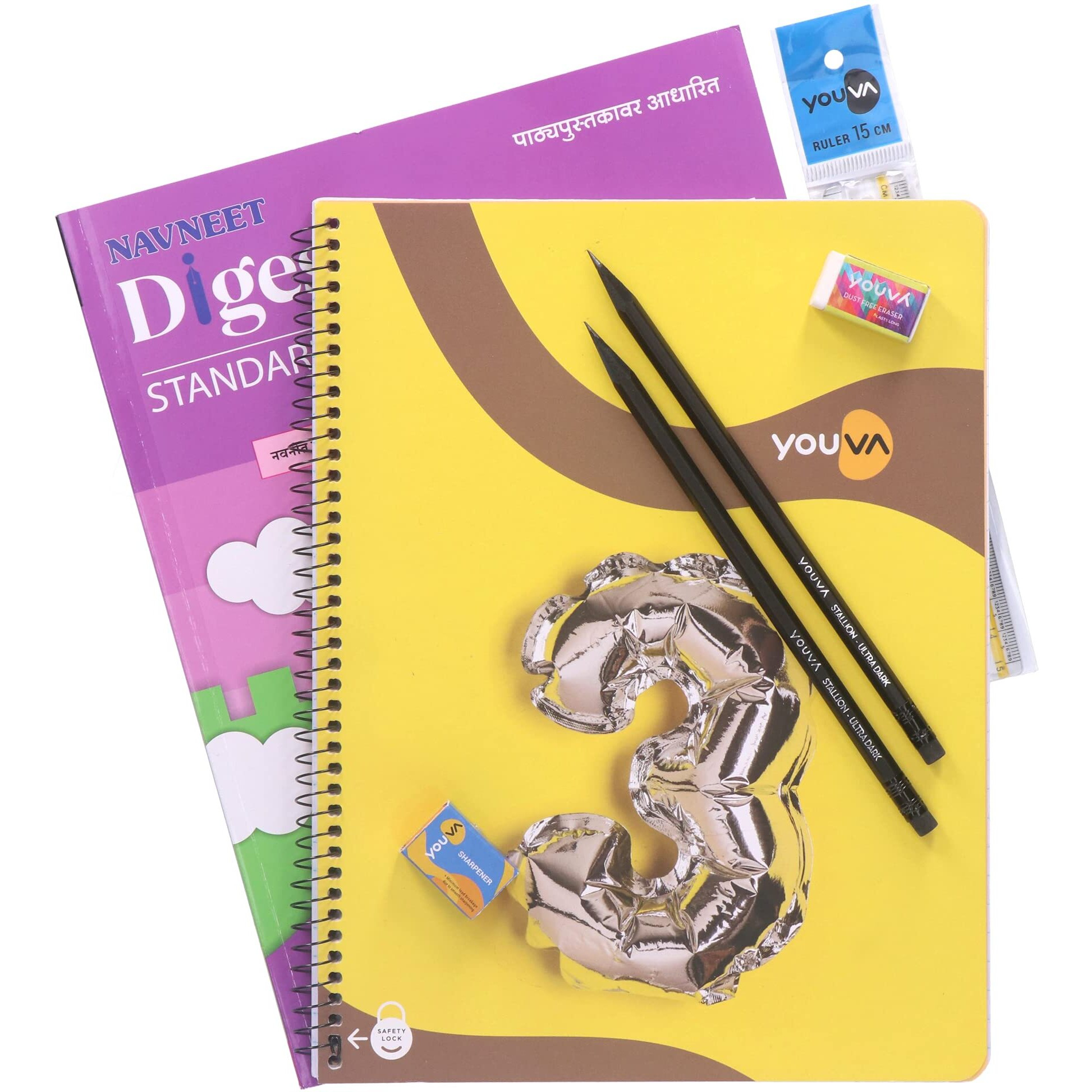 Navneet Youva Happiness Combo Sahakar Study Kit 1 (1 Digest + 3 Subject Book + 2 Pencils + Sharpner + Eraser + Scale)