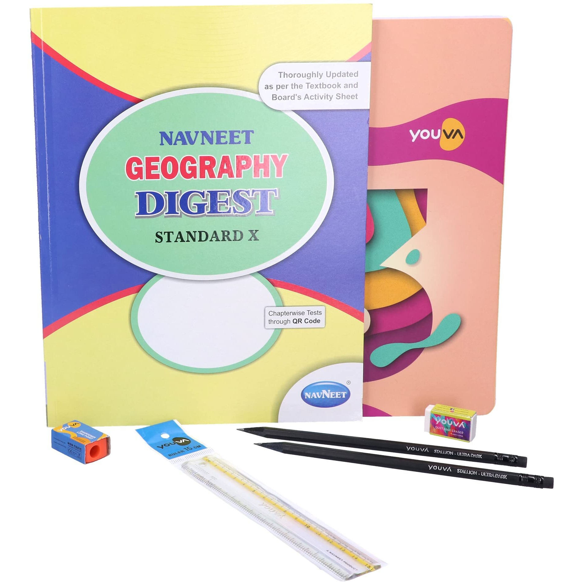Navneet Youva Happiness Combo Geography Study Kit 2 (1 Digest + 3 Subject Book + 2 Pencils + Sharpner + Eraser + Scale), (23911)