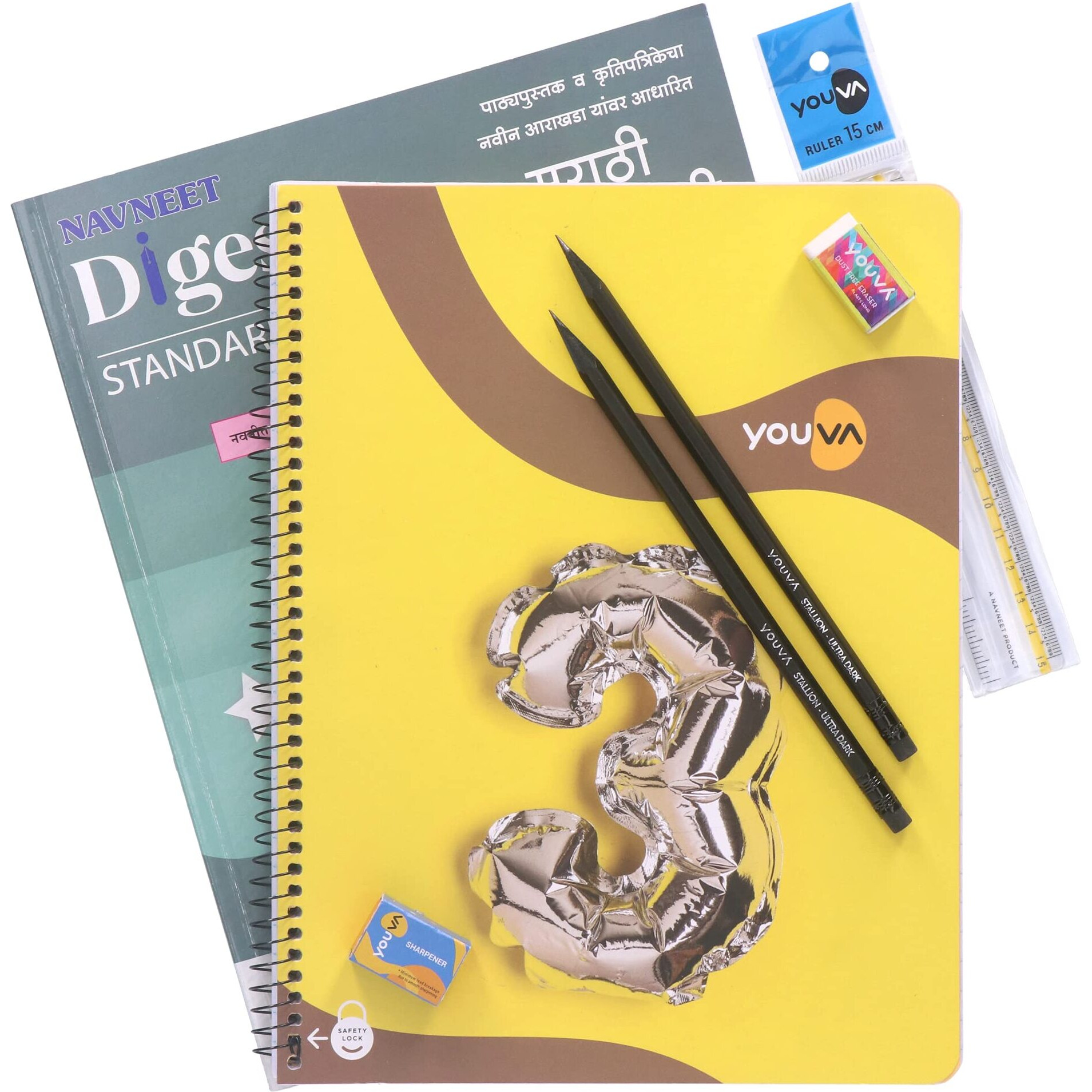Navneet Youva Happiness Combo Marathi Yuvakbharti Study Kit 1 (1 Digest + 3 Subject Book + 2 Pencils + Sharpner + Eraser + Scale)