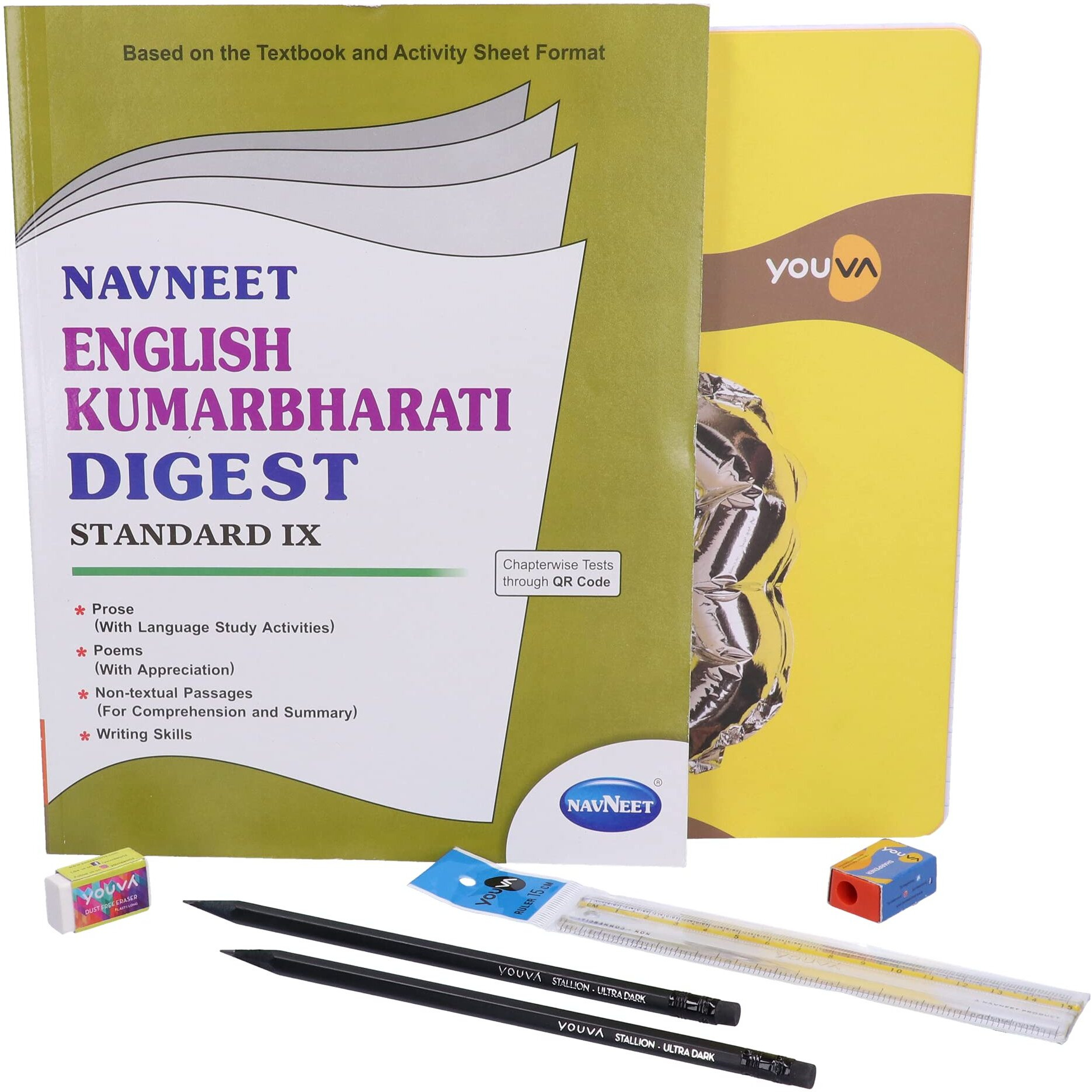 Navneet Youva Happiness Combo English Kumarbharti Study Kit (1 Digest + 3 Subject Book + 2 Pencils + Sharpner + Eraser + Scale), (23918)
