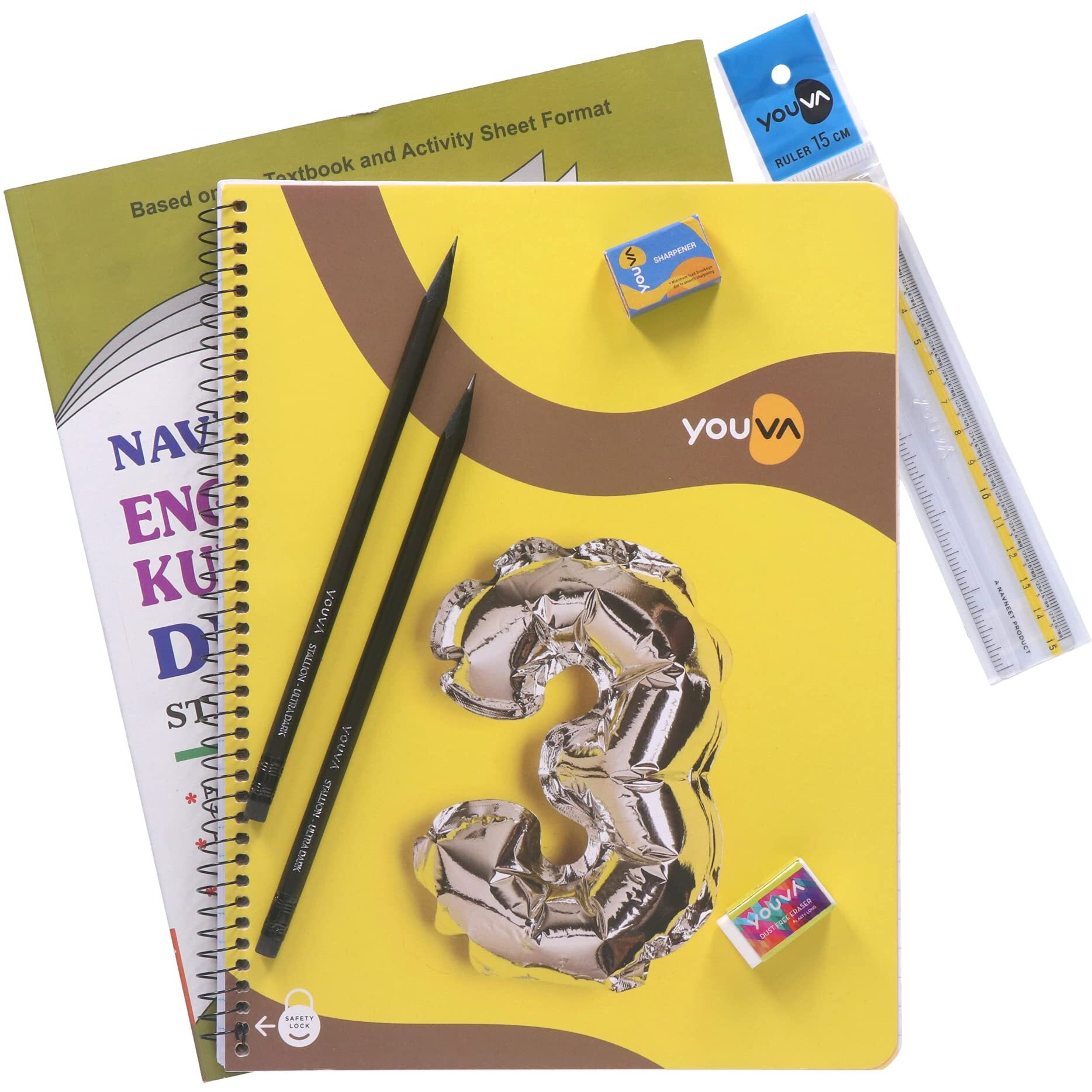 Navneet Youva Happiness Combo English Kumarbharti Study Kit (1 Digest + 3 Subject Book + 2 Pencils + Sharpner + Eraser + Scale), (23918)