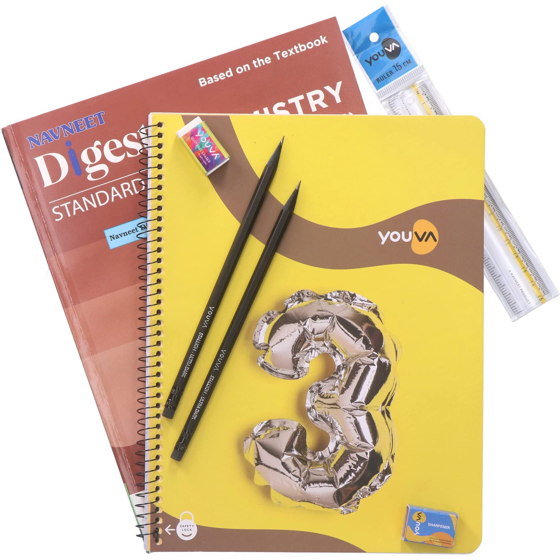 Navneet Youva Happiness Combo Chemistry Study Kit 1 Part 2 (1 Digest + 1 Three Subject Book + 2 Pencils + 1 Sharpener + 1 Eraser + 1 Scale)