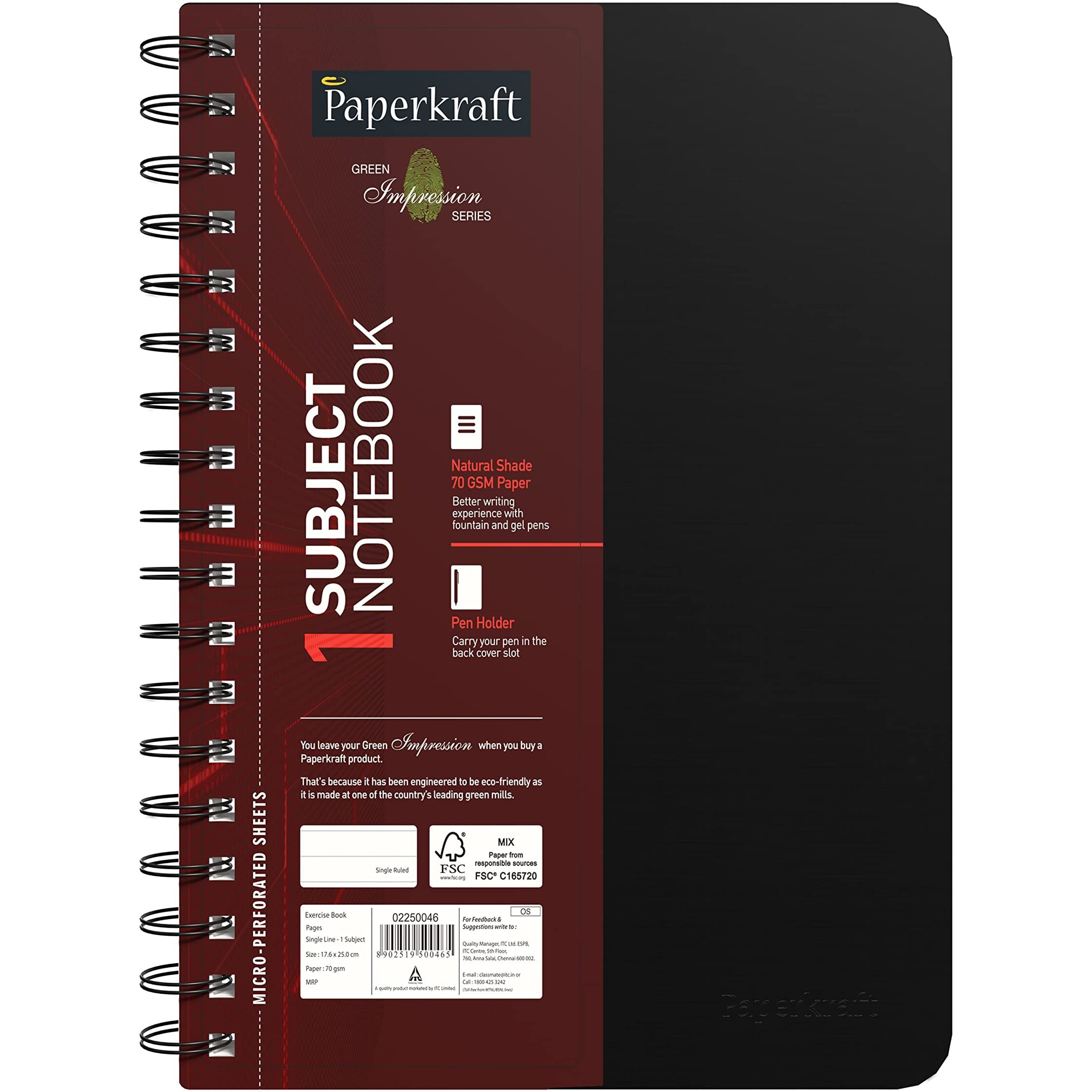 Paperkraft Green Impression 1 Subject Wiro Binding Notebook - Single Line, 160 Pages, 148 Mm X 216 Mm