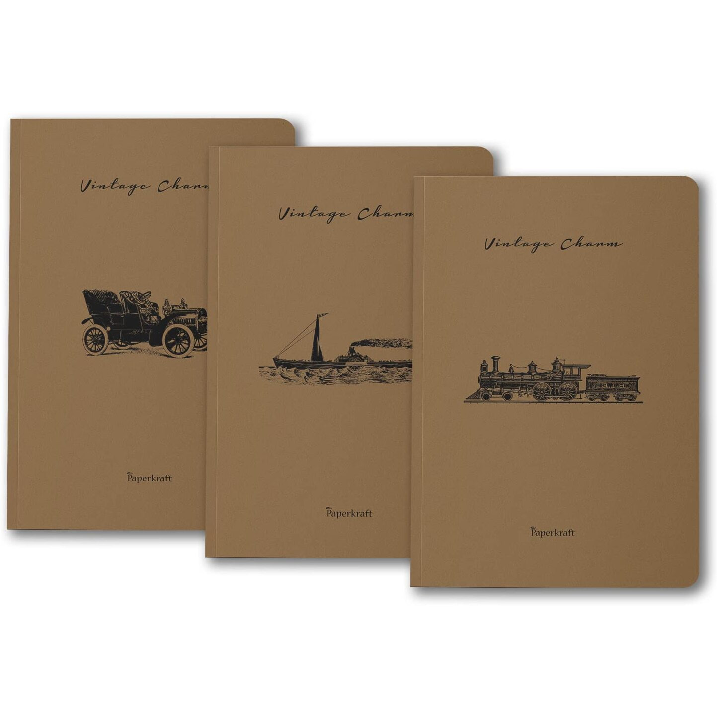 Paperkraft Vintage Series - Brown Kraft With Automotive Theme  210 Mm X 148 Mm,176 Pages, Unruled, Sewn & Perfect Bound, Pack Of 3