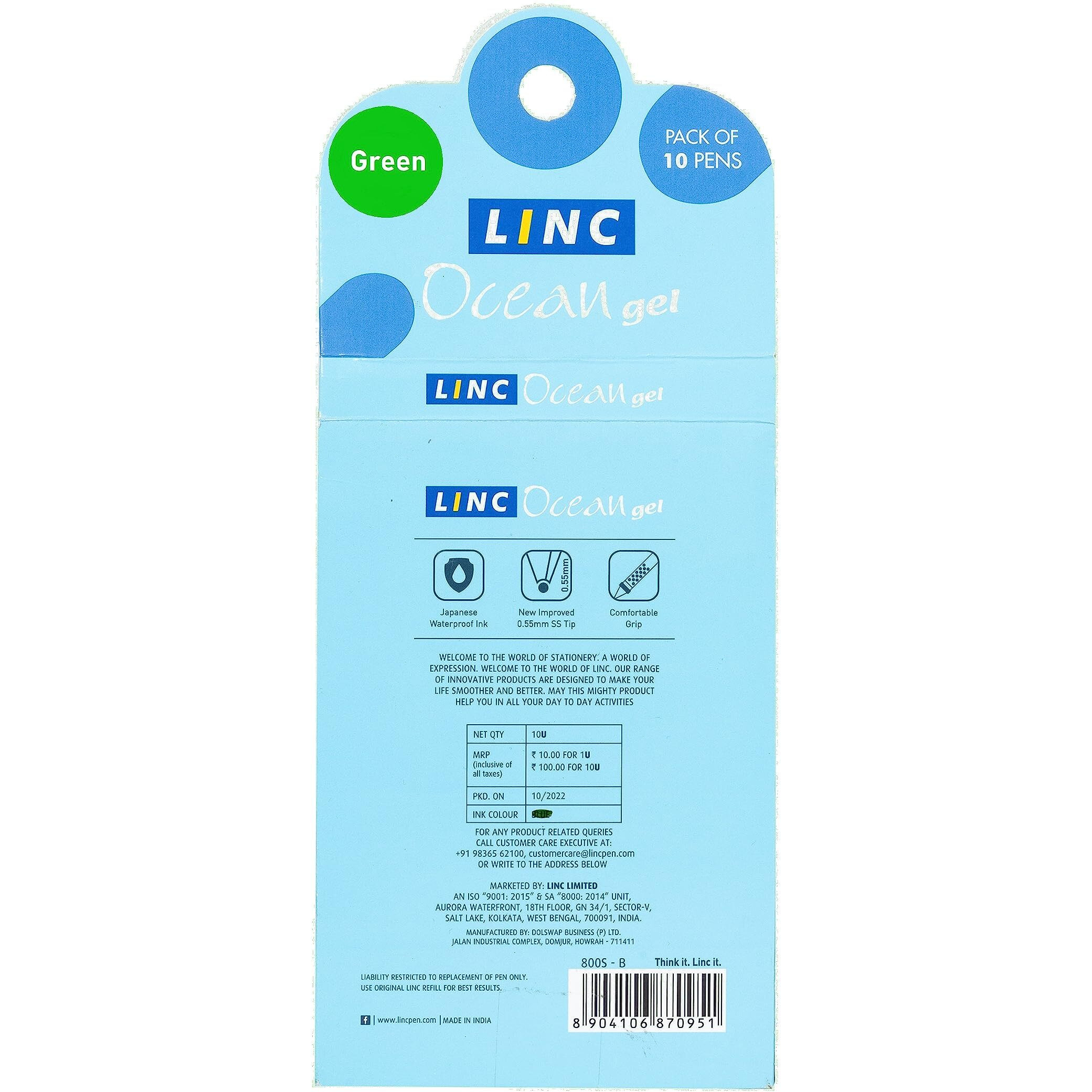Linc Ocean Classic 0.55mm Gel Pen | Green Ink | Set Of 10