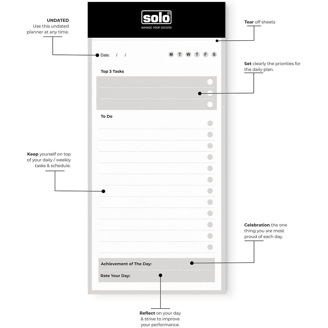 SOLO Set of 2 Daily Planner, Undated, To Do List, 90 Tear Off Sheets, 8.5&quotx4 Pad, Daily Schedule Planner, 80 GSM Paper