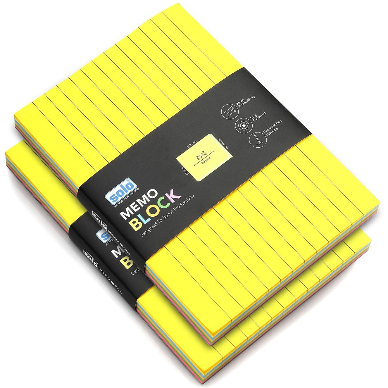 SOLO Memo Ruled Blocks Pack of 2, 100 Tear-Off Sheets in 5 Different Color with 80 GSM, Fountain Pen Friendly Lined Pages for School & College Project, Assignment & Practical (Landscape, 148 x 105 mm)