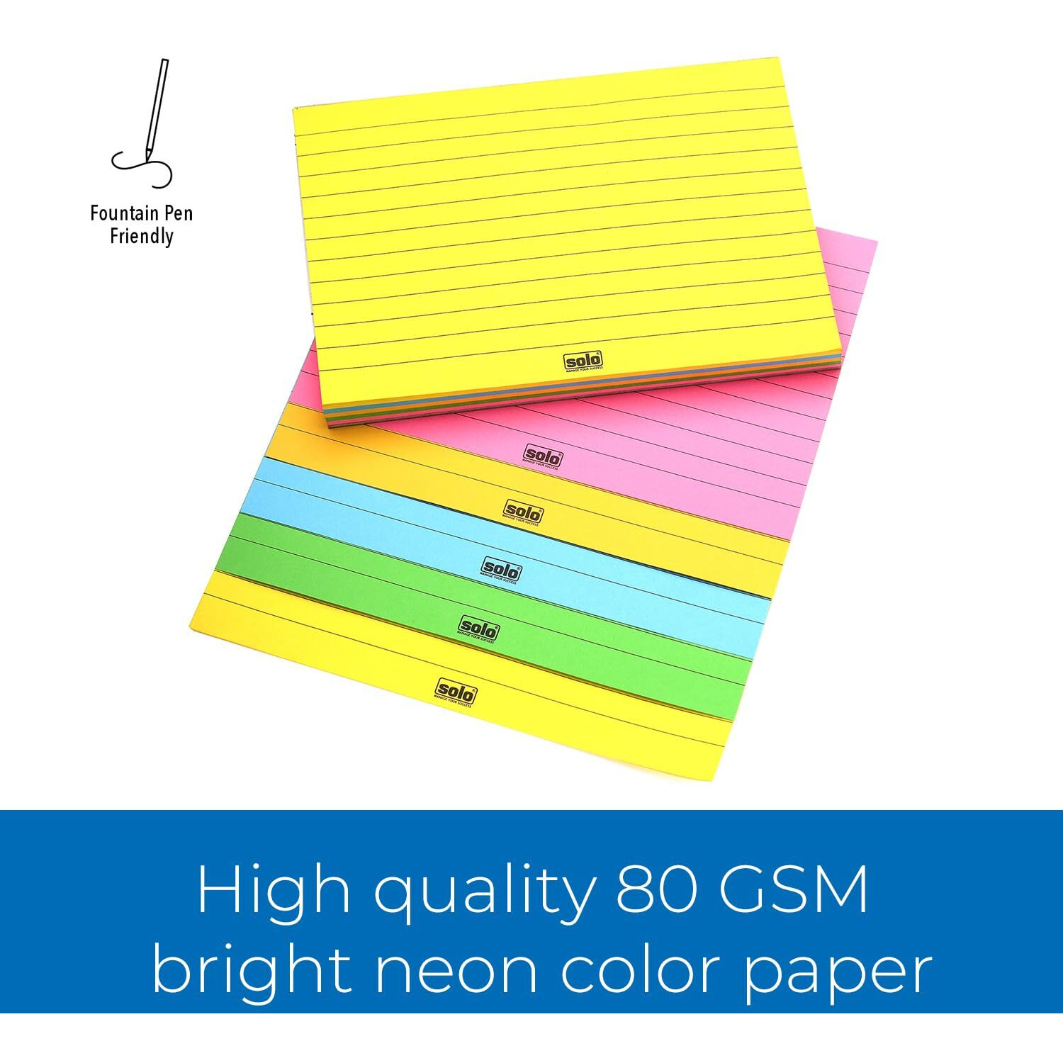 SOLO Memo Ruled Blocks Pack of 2, 100 Tear-Off Sheets in 5 Different Color with 80 GSM, Fountain Pen Friendly Lined Pages for School & College Project, Assignment & Practical (Landscape, 148 x 105 mm)