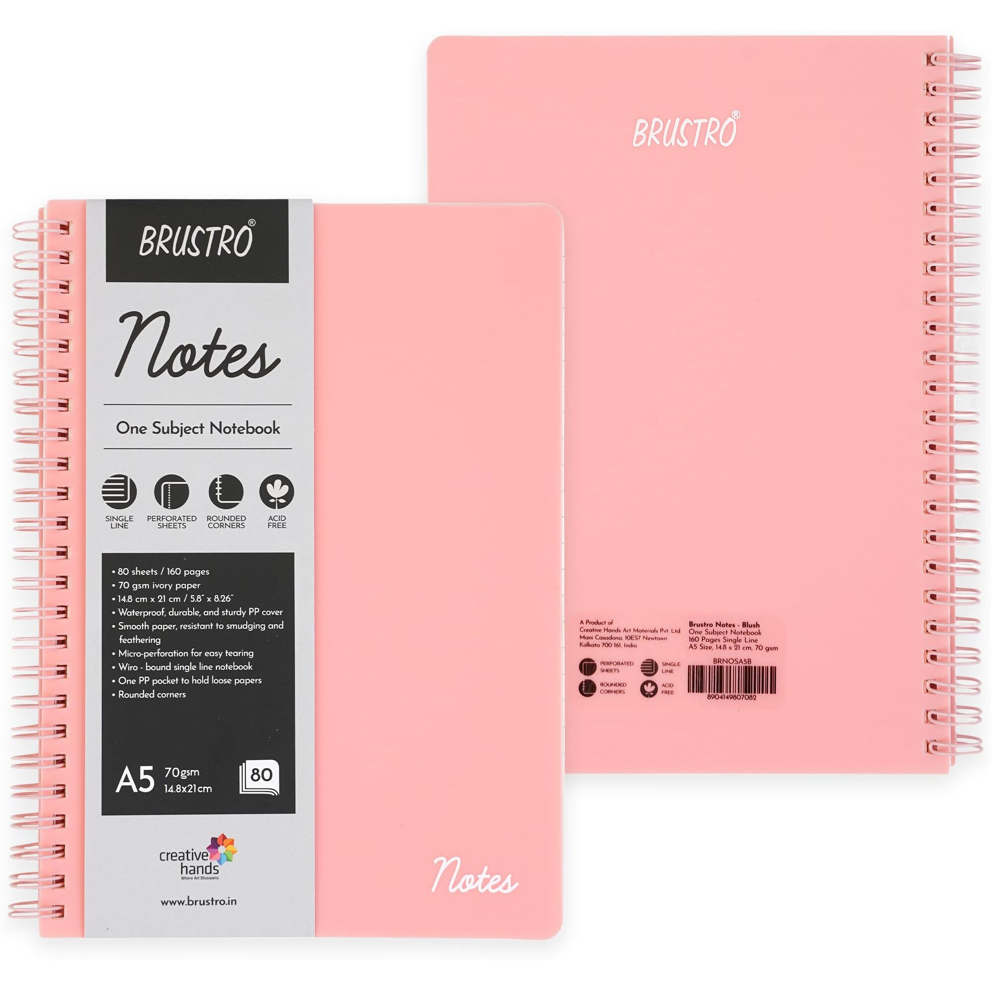 Brustro Notes A5 Size, 1 Subject Ruled Notebook, 80 Sheets / 160 Pages, 70 GSM Ivory Paper, Blush Cover, Wiro Bound Design, Rounded Corners, Micro-Perforated Sheets with One Convenient PP Pocket