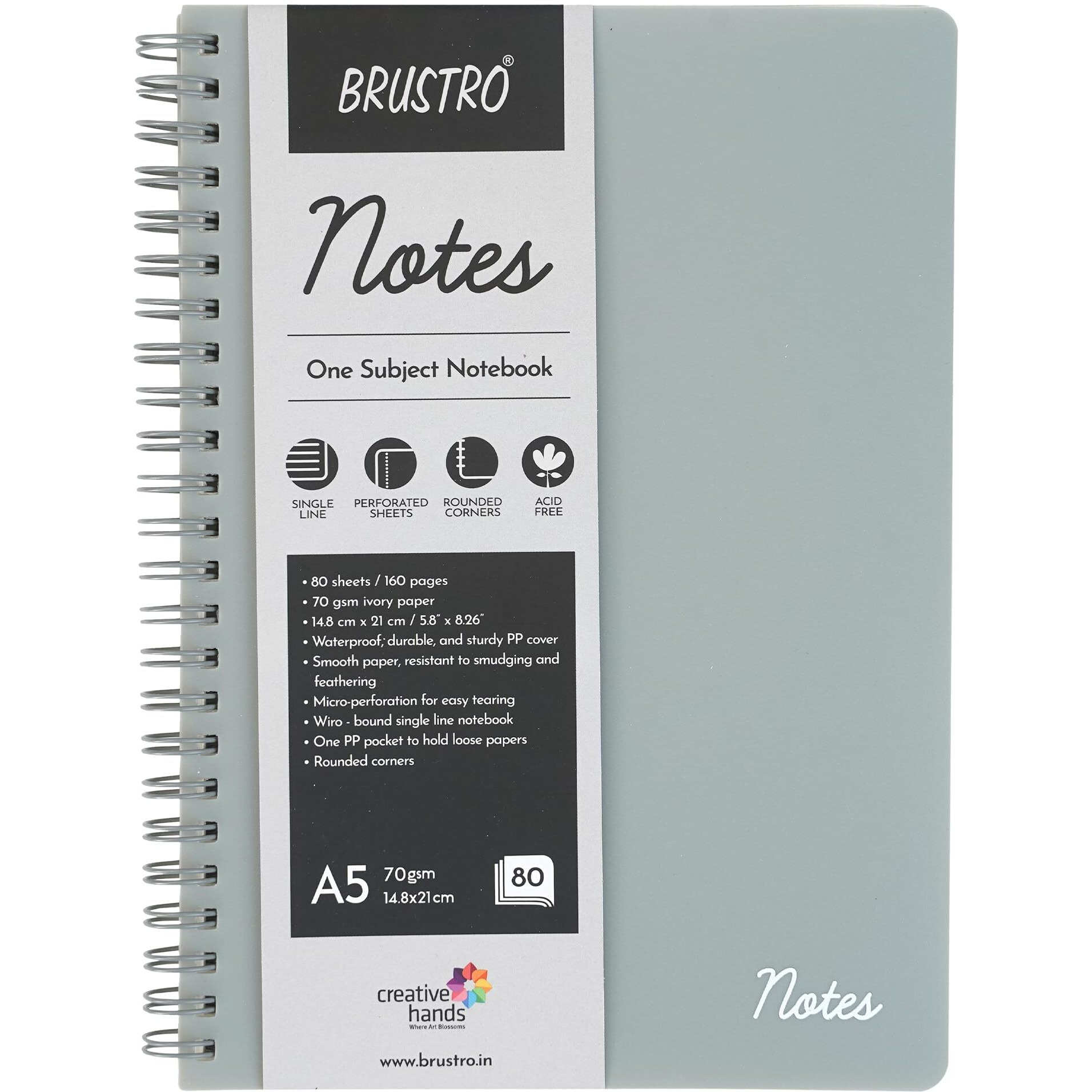 Brustro Notes A5 Size, 1 Subject Ruled Notebook, 80 Sheets / 160 Pages, 70 GSM Ivory Paper, Slate Cover, Wiro Bound Design, Rounded Corners, Micro-Perforated Sheets with One Convenient PP Pocket