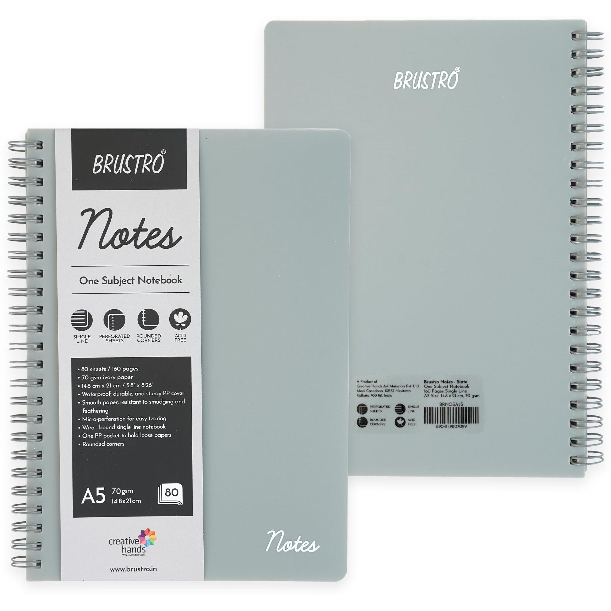 Brustro Notes A5 Size, 1 Subject Ruled Notebook, 80 Sheets / 160 Pages, 70 GSM Ivory Paper, Slate Cover, Wiro Bound Design, Rounded Corners, Micro-Perforated Sheets with One Convenient PP Pocket