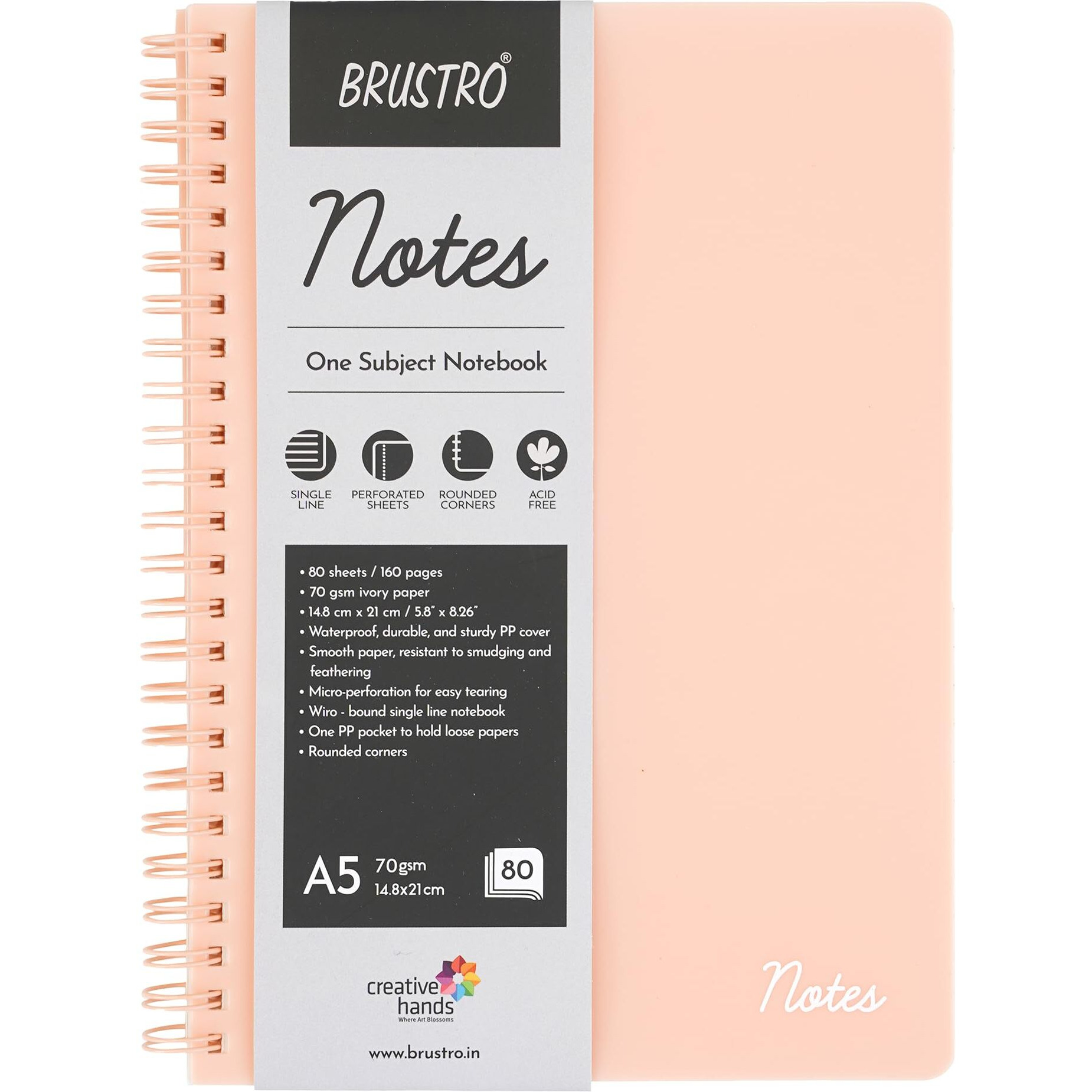 Brustro Notes A5 Size, 1 Subject Ruled Notebook, 80 Sheets / 160 Pages, 70 GSM Ivory Paper, Caramel Cover, Wiro Bound Design, Rounded Corners, Micro-Perforated Sheets with One Convenient PP Pocket