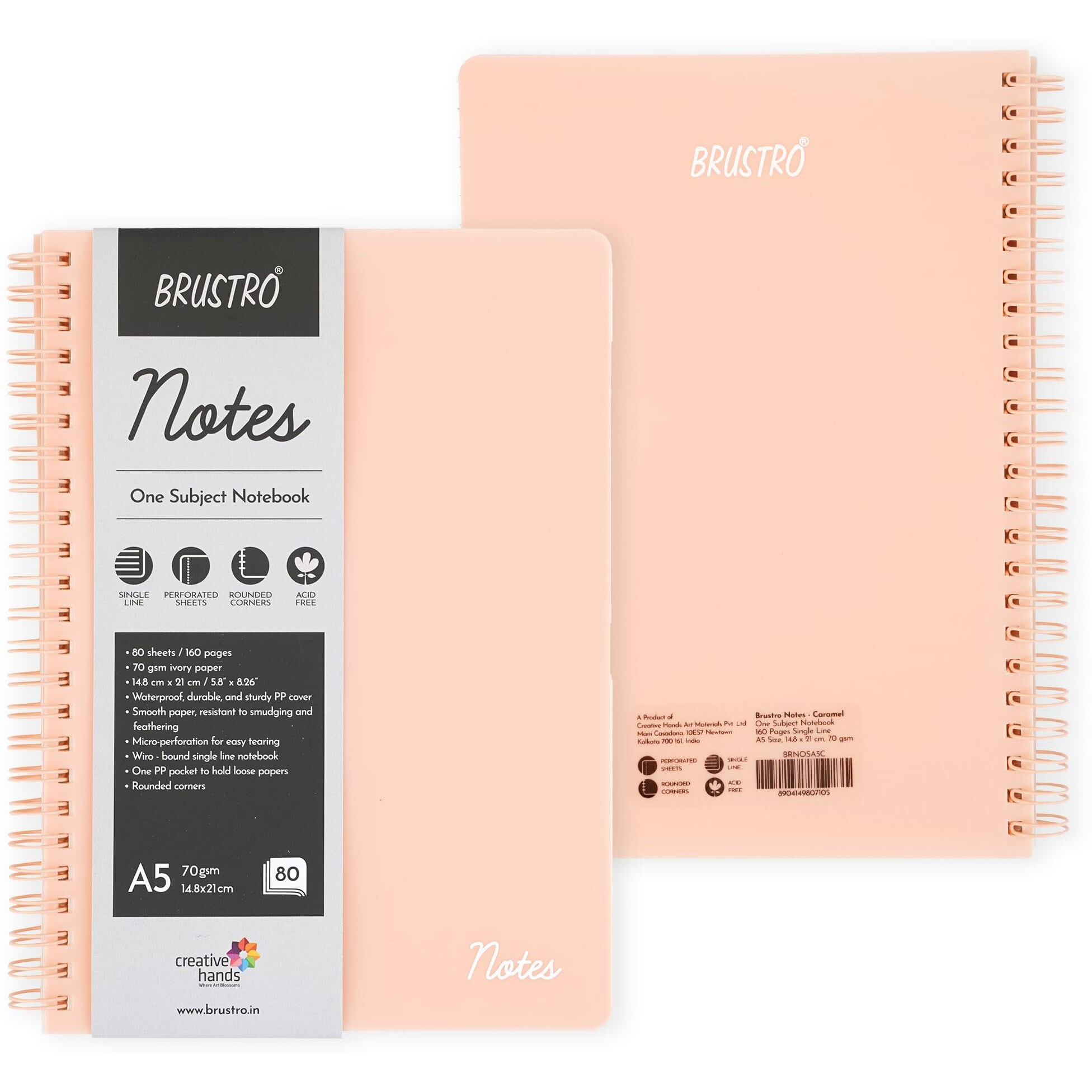 Brustro Notes A5 Size, 1 Subject Ruled Notebook, 80 Sheets / 160 Pages, 70 GSM Ivory Paper, Caramel Cover, Wiro Bound Design, Rounded Corners, Micro-Perforated Sheets with One Convenient PP Pocket