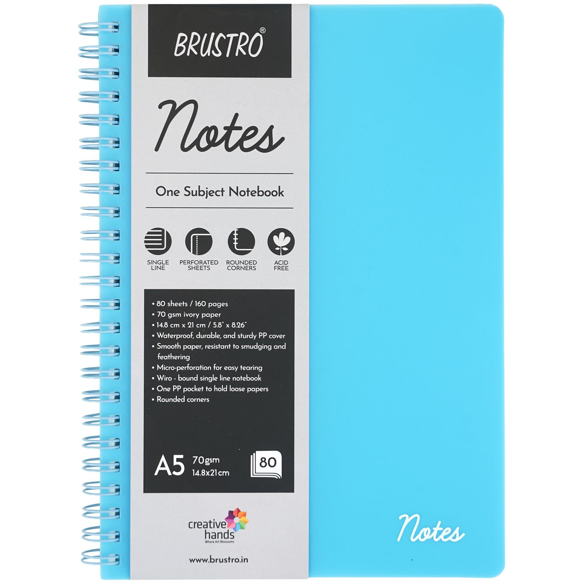 Brustro Notes A5 Size, 1 Subject Ruled Notebook, 80 Sheets / 160 Pages, 70 GSM Ivory Paper, Aqua Cover, Wiro Bound Design, Rounded Corners, Micro-Perforated Sheets with One Convenient PP Pocket