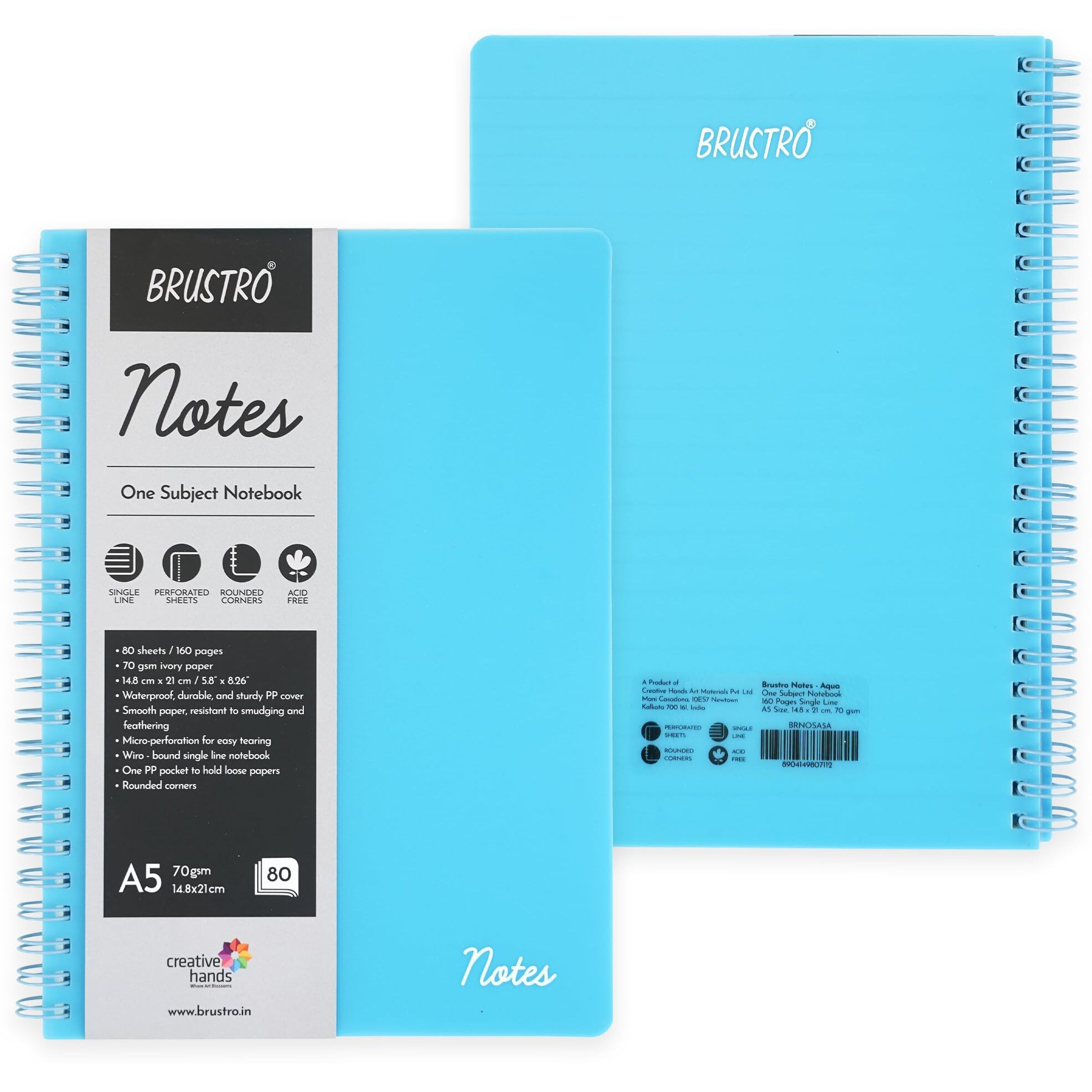 Brustro Notes A5 Size, 1 Subject Ruled Notebook, 80 Sheets / 160 Pages, 70 GSM Ivory Paper, Aqua Cover, Wiro Bound Design, Rounded Corners, Micro-Perforated Sheets with One Convenient PP Pocket