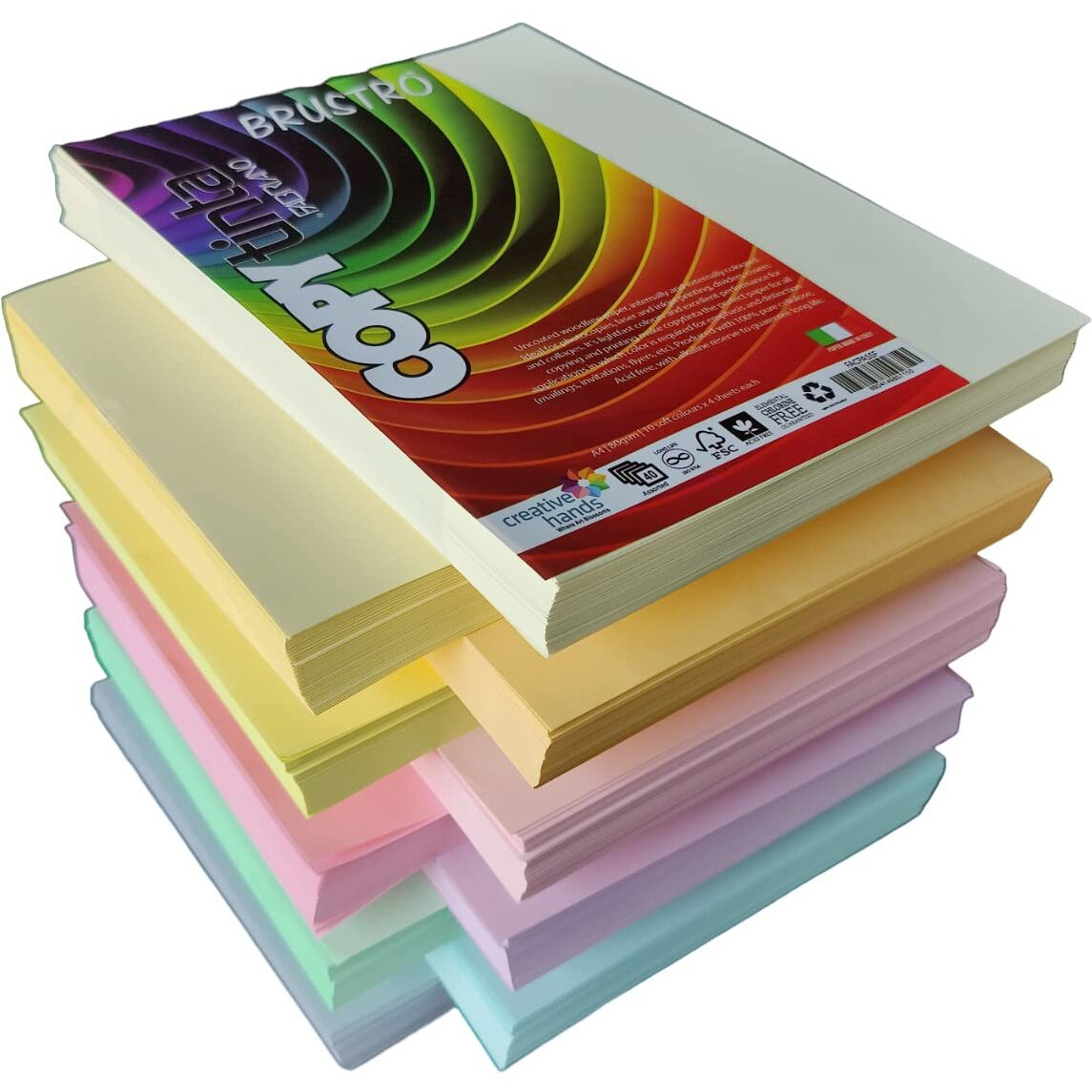 BRUSTRO Copytinta Coloured Craft Paper A4 Size 80 GSM Mixed Soft Colour 40 Sheets Pack (10 cols X 4 Sheets) Double Side Color for Office Printing, Art and Craft.
