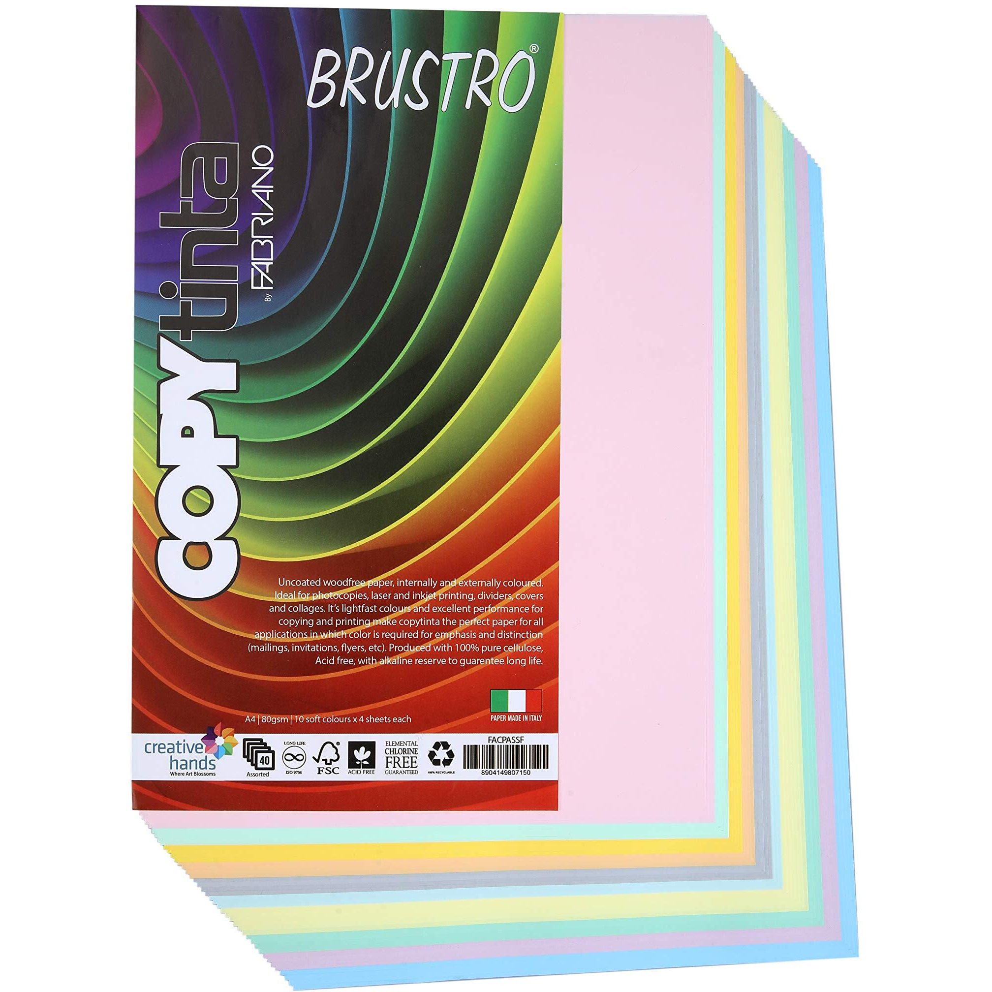 BRUSTRO Copytinta Coloured Craft Paper A4 Size 80 GSM Mixed Soft Colour 40 Sheets Pack (10 cols X 4 Sheets) Double Side Color for Office Printing, Art and Craft.