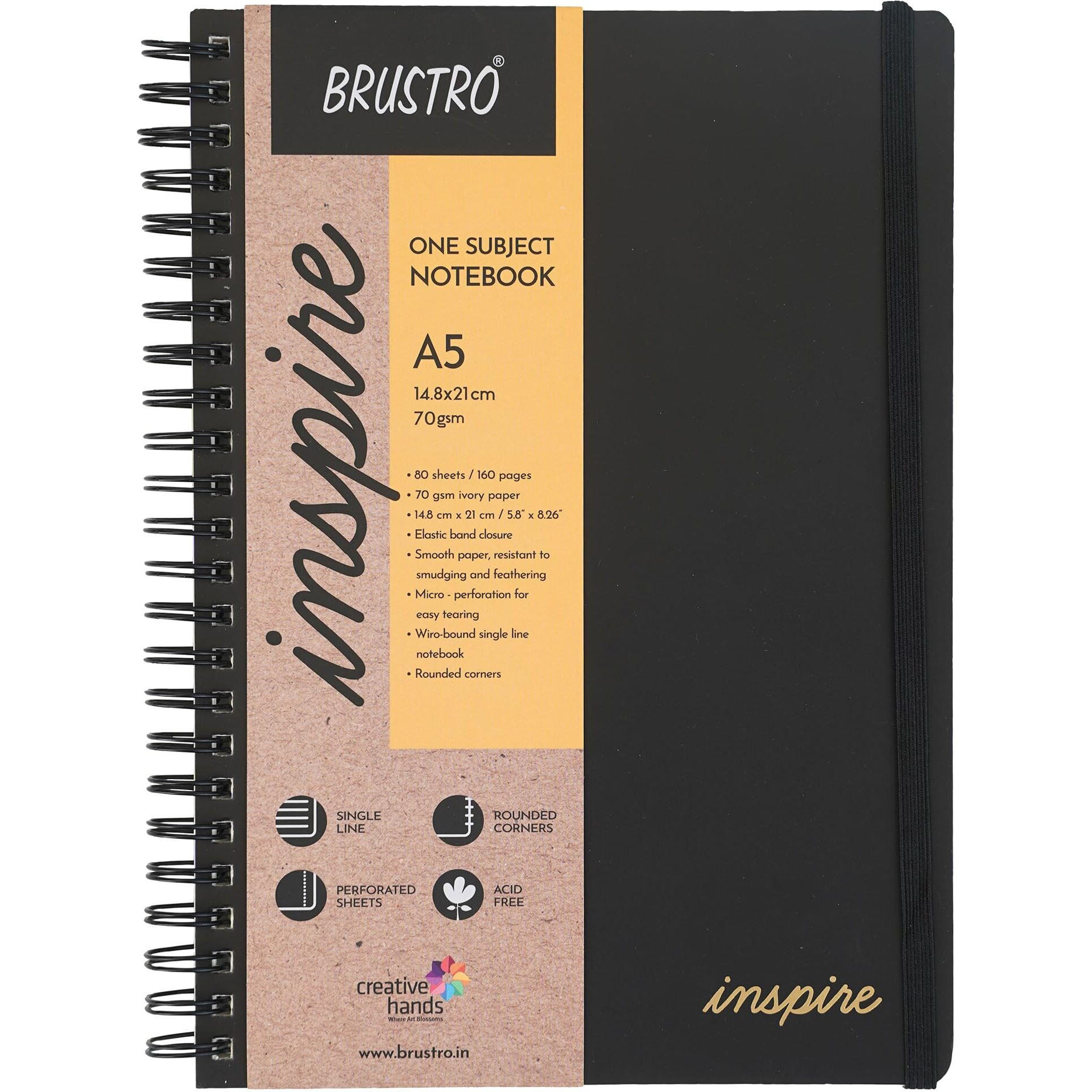 Brustro Inspire A5 Size, 1 Subject Ruled Notebook, 80 Sheets / 160 Pages, 70 GSM Ivory Paper, Black Cover with Rounded Corners, Perforated Sheets, Velvety Touch Cover for a Premium Writing Experience